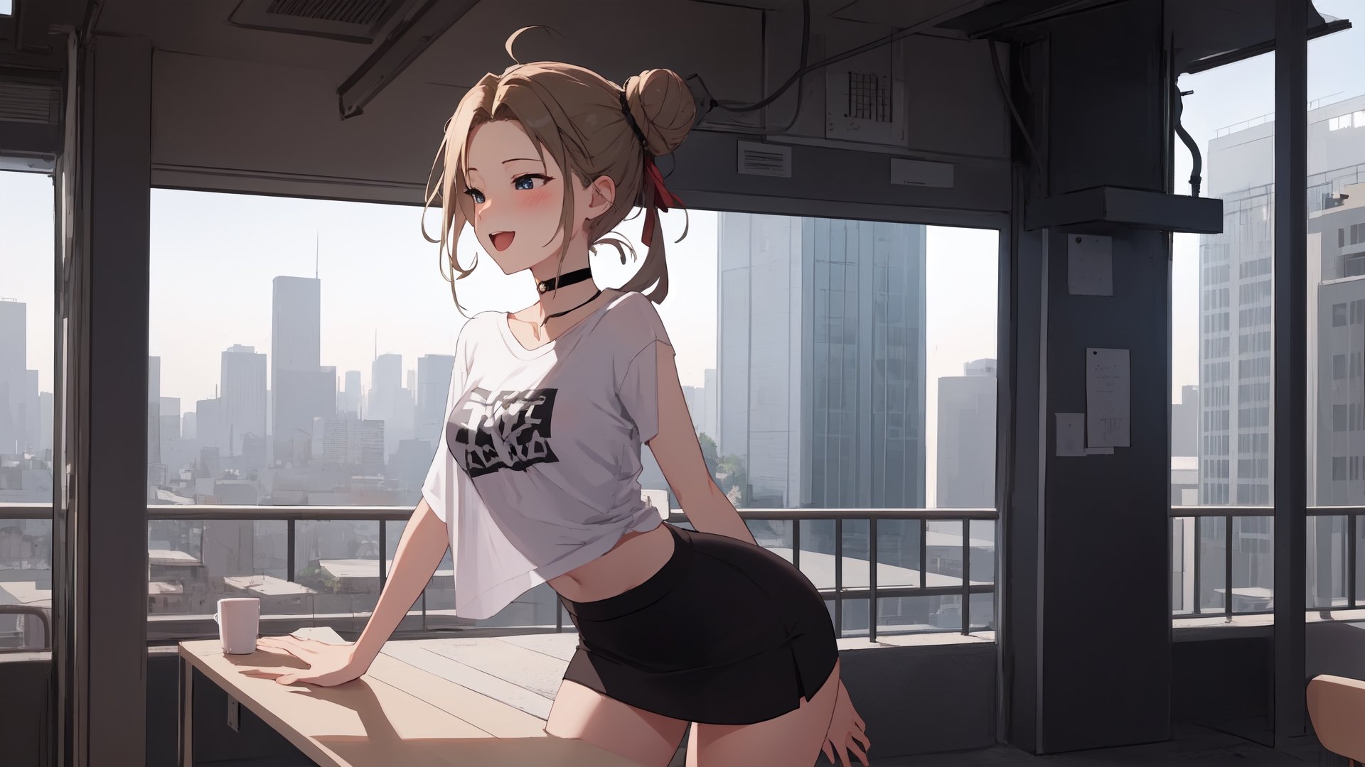 high_school_girl, SAM YANG, disheveled, aaasuna, perfect hands, , in a modern world, city, medium_breasts, happy, sexy, wearing_long_t-shirt, skirt, black Choker, hair_buns