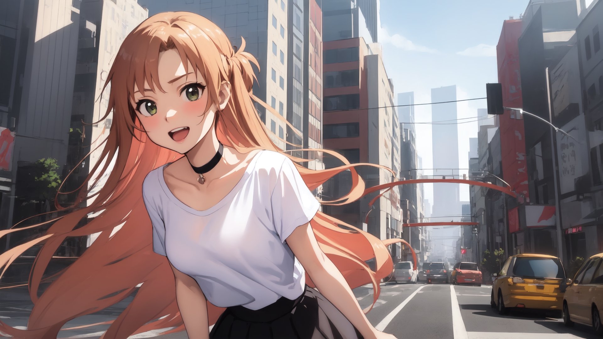 high_school_girl, SAM YANG, disheveled, aaasuna, perfect hands, , in a modern world, city, medium_breasts, happy, sexy, wearing_long_t-shirt, skirt, black Choker