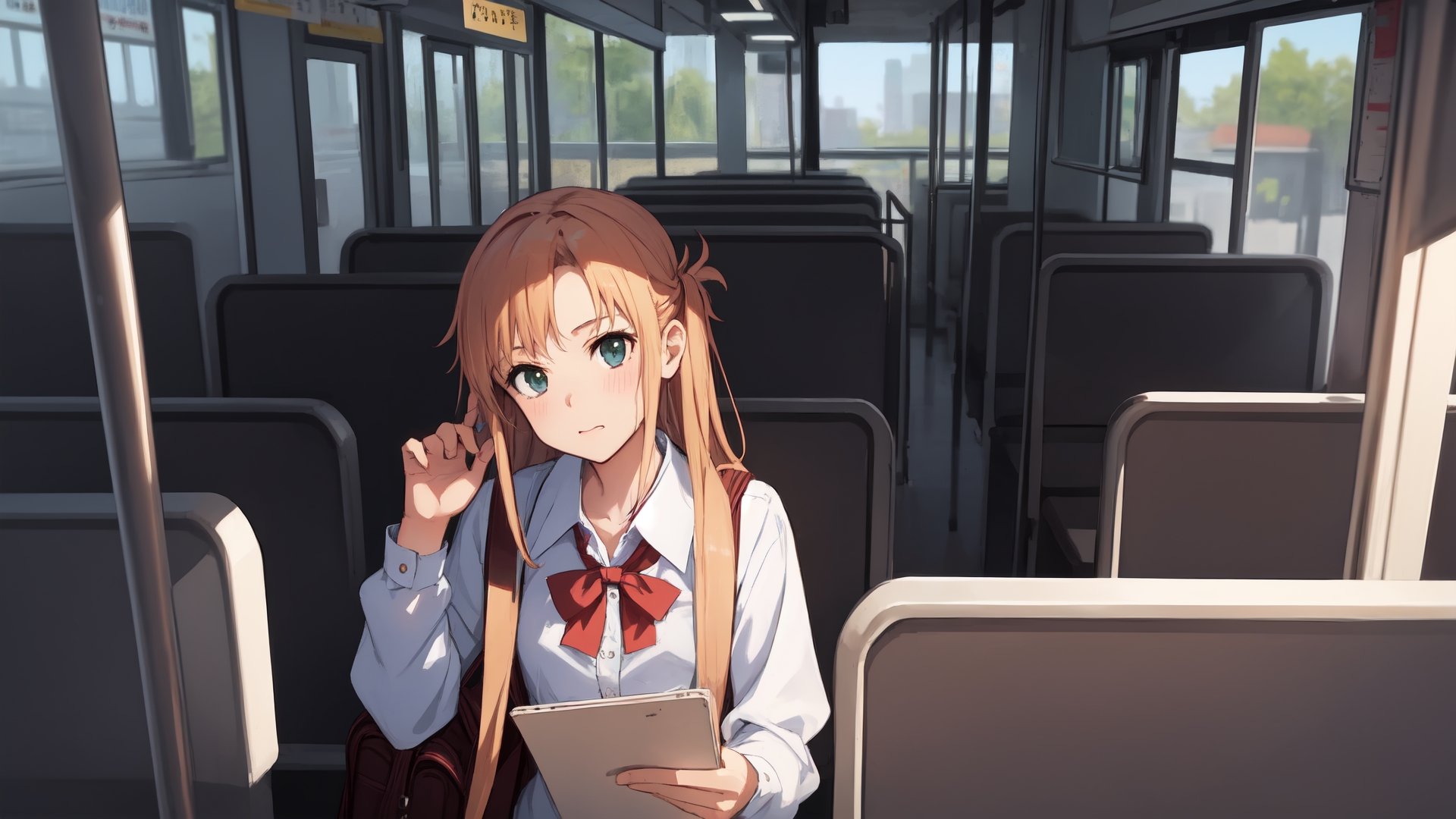 high_school_girl, SAM YANG, disheveled, aaasuna, perfect hands, , in a modern world, medium_breasts, school_uniforms, taking a bus, schoolbag, go to school