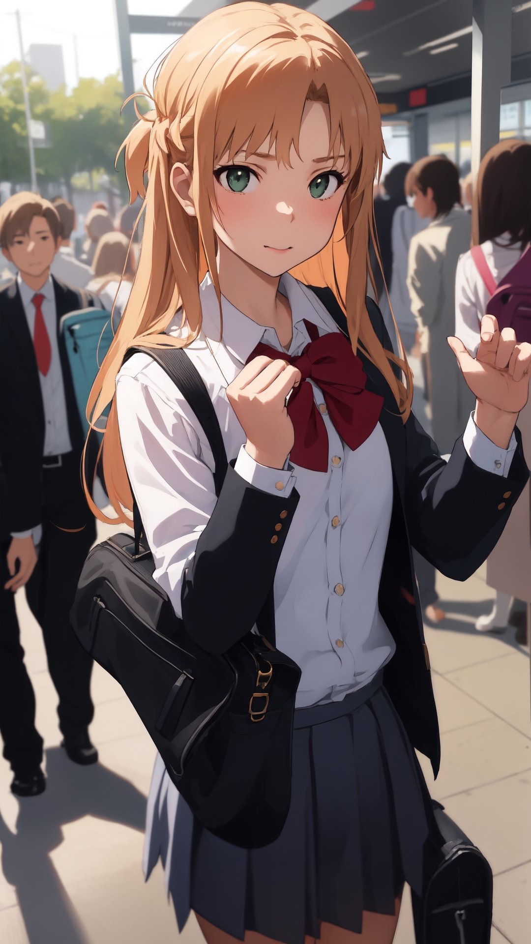 high_school_girl, SAM YANG, disheveled, aaasuna, perfect hands, , in a modern world, medium_breasts, school_uniforms, taking a Subway, schoolbag, go to school