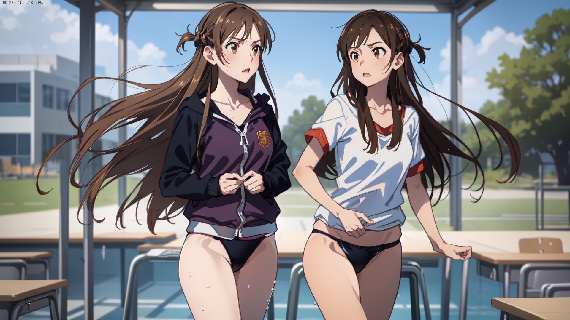 in a modern city and wearing a school uniform girl with long beautiful high_school_girl,SAM YANG, class_room, sports_uniform, swim_suit , mizuhara_chizuru,aaasuna, two girls