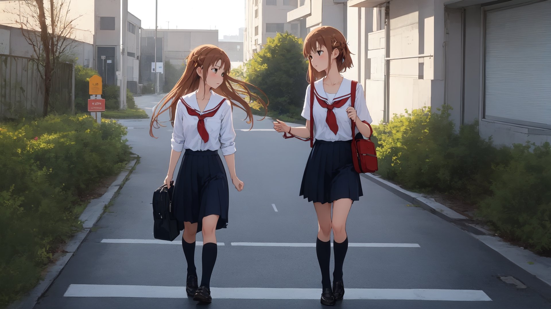 high_school_girl, SAM YANG, disheveled, aaasuna, perfect hands, , in a modern world, medium_breasts, school_uniforms, walking, schoolbag, go to school