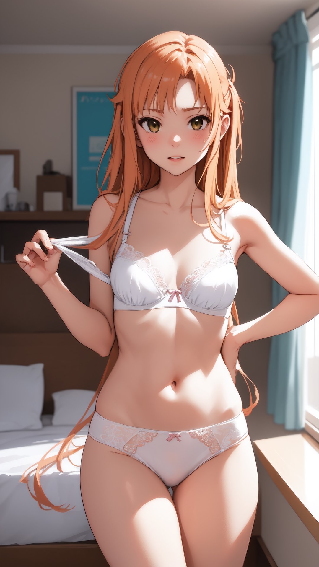 high_school_girl, SAM YANG, disheveled, aaasuna, perfect hands, , in a modern world, in her room, medium_breasts, changing cloth, underwear