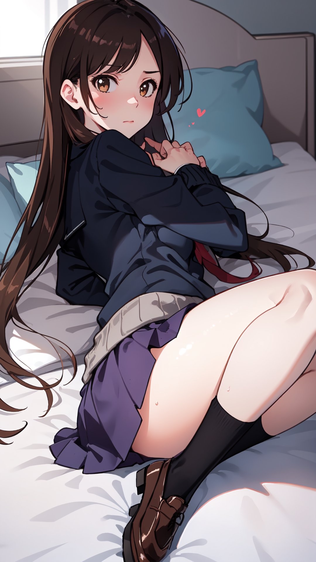 high_school_girl,SAM YANG, school_uniform,   shy face , lying on her back on a bed , and is looking directly at the viewer, The upper viewing angle,mizuhara_chizuru