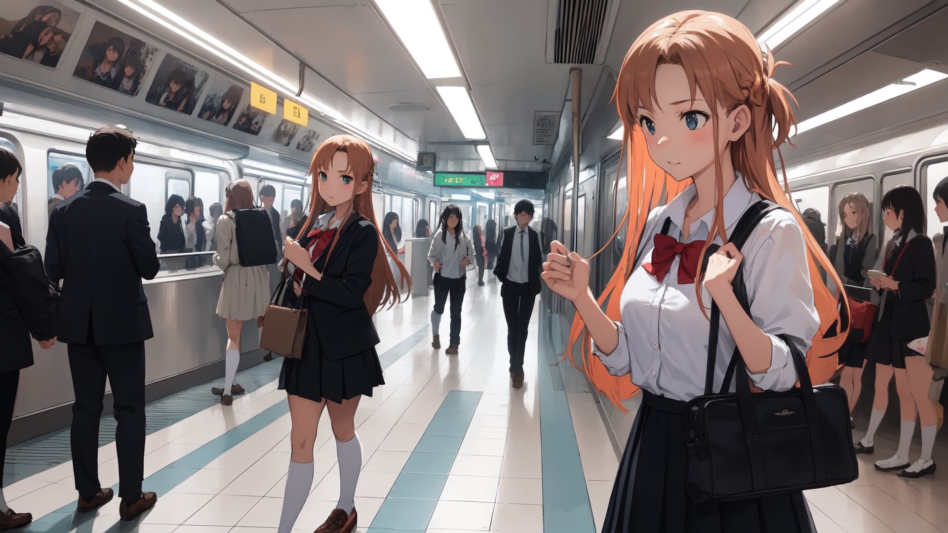 high_school_girl, SAM YANG, disheveled, aaasuna, perfect hands, , in a modern world, medium_breasts, school_uniforms, taking a Subway, schoolbag, go to school