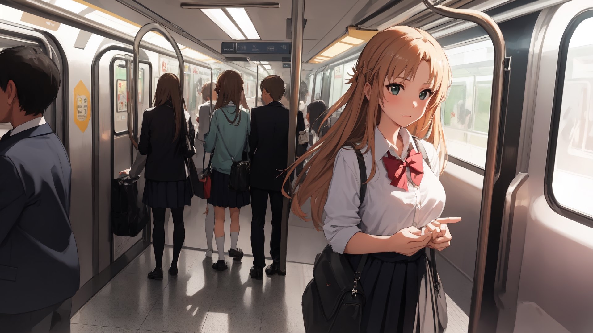 high_school_girl, SAM YANG, disheveled, aaasuna, perfect hands, , in a modern world, medium_breasts, school_uniforms, taking a Subway, schoolbag, go to school