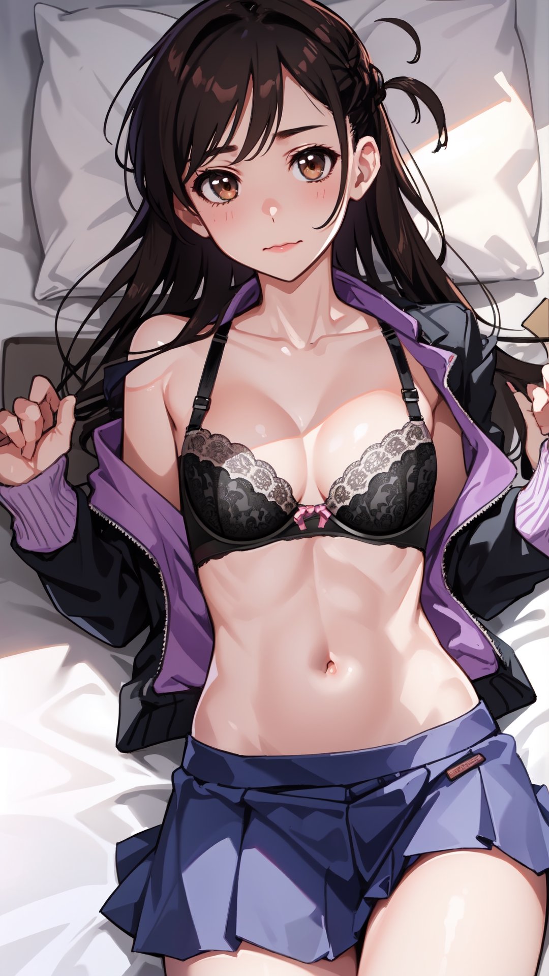 high_school_girl,SAM YANG, school_uniform,   shy face , lying on her back on a bed , and is looking directly at the viewer, The upper viewing angle,mizuhara_chizuru , disheveled, bra