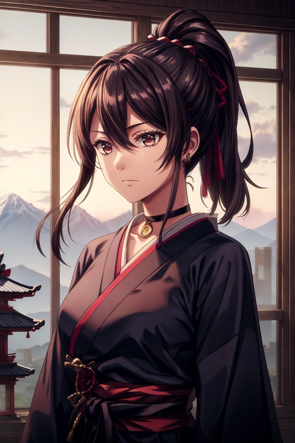 best quality, masterpiece, highres, solo, Yamada Asaemon Sagiri:1.15, 30 years old woman, brown_hair, long_hair, bangs, red_eyes, hair_between_eyes, sidelocks, jewelry, closed_mouth, ring, upper_body, ponytail,choker,samurai,sagiri