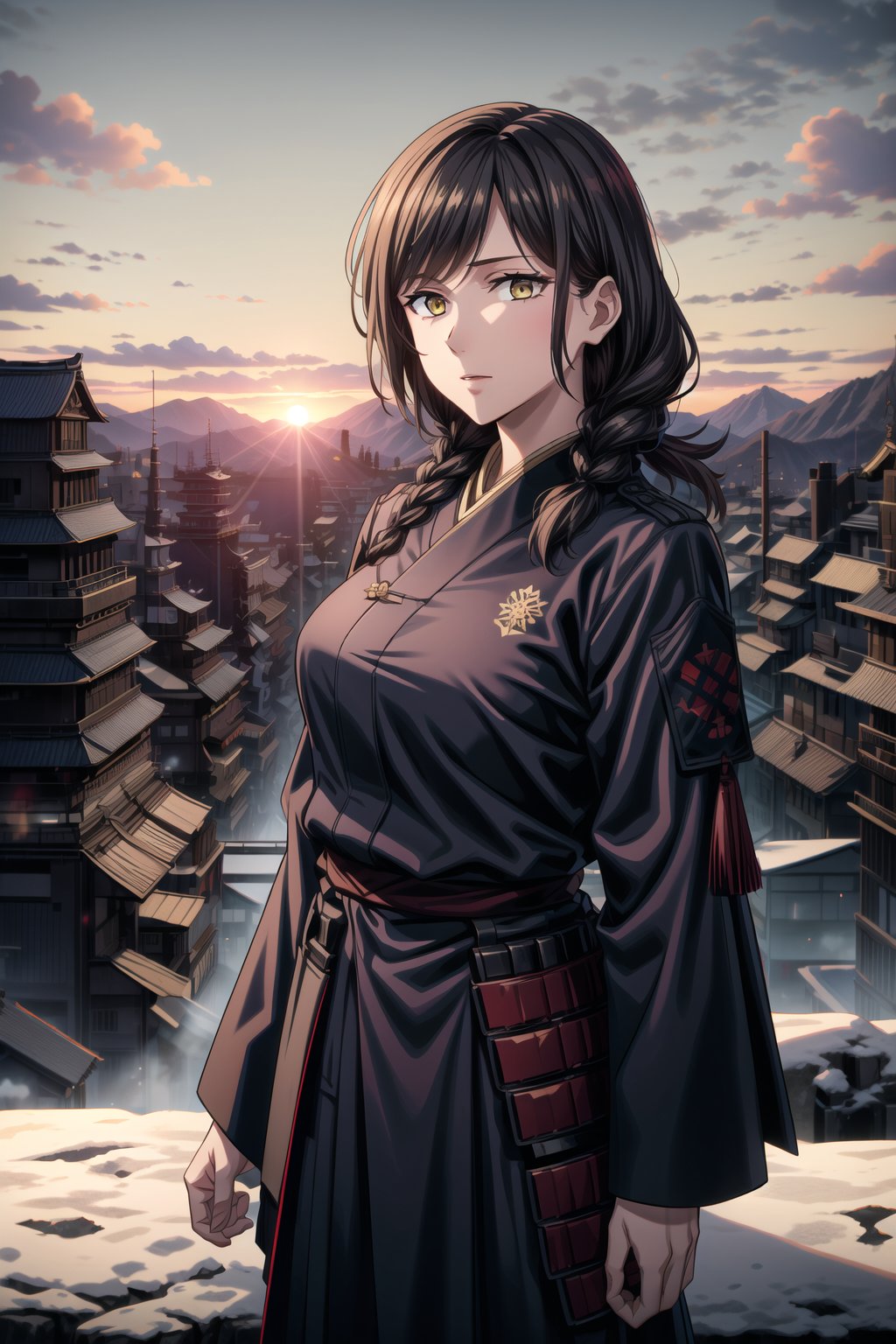 best quality, masterpiece, highres, solo,sole_female, 30 year old military female character, tall woman, soft features, detailed, perfect shadows, yellow eyes, braided long dark hair. she is wearing a dark blue outfit, Japanese armor with a snow flake badge on sleeve. scenery is on top of a mountain, small town behind, summer, warm, Japanese clan members behind her,cowboy_shot,aimom