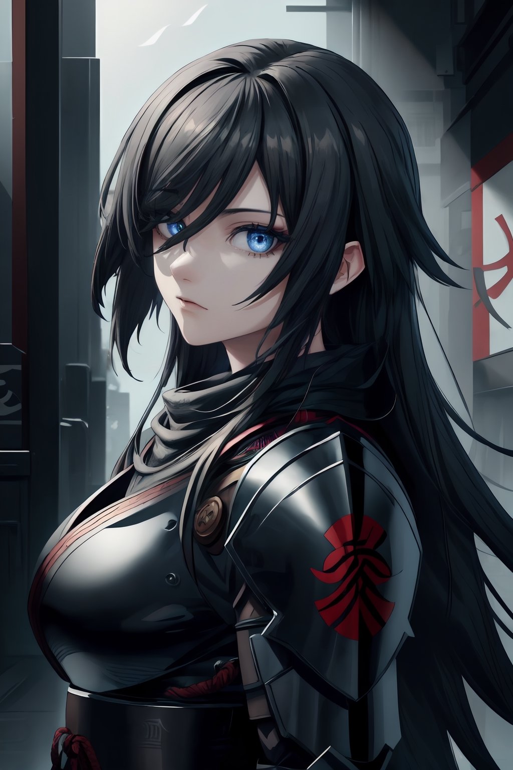 best quality, masterpiece, 1girl,older_female,highres, best quality, masterpiece, 1girl,highres,older_female,solo, blue_eyes,detailed blue eyes,scary gaze,sidelocks, closed_mouth, upper_body,hollow eyes,eyelashes, long black hair,hair_over_eye,hair over one eye,Shinobi,japanese armor,viewed_from_side,looking_at_viewer,looking to the side,yui,noir