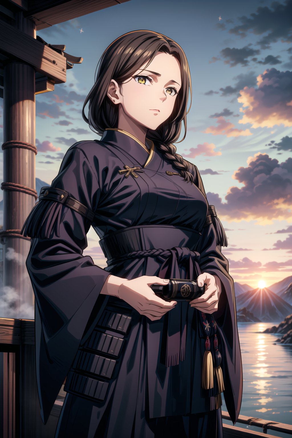 best quality, masterpiece, highres, solo,sole_female, 30 year old military female character, tall woman, soft features, detailed, perfect shadows, yellow eyes, braided long dark hair. she is wearing a dark blue outfit, Japanese armor with a snow flake badge on sleeve. scenery is on top of a mountain, small town behind, summer, warm, Japanese clan members behind her,cowboy_shot,aimom