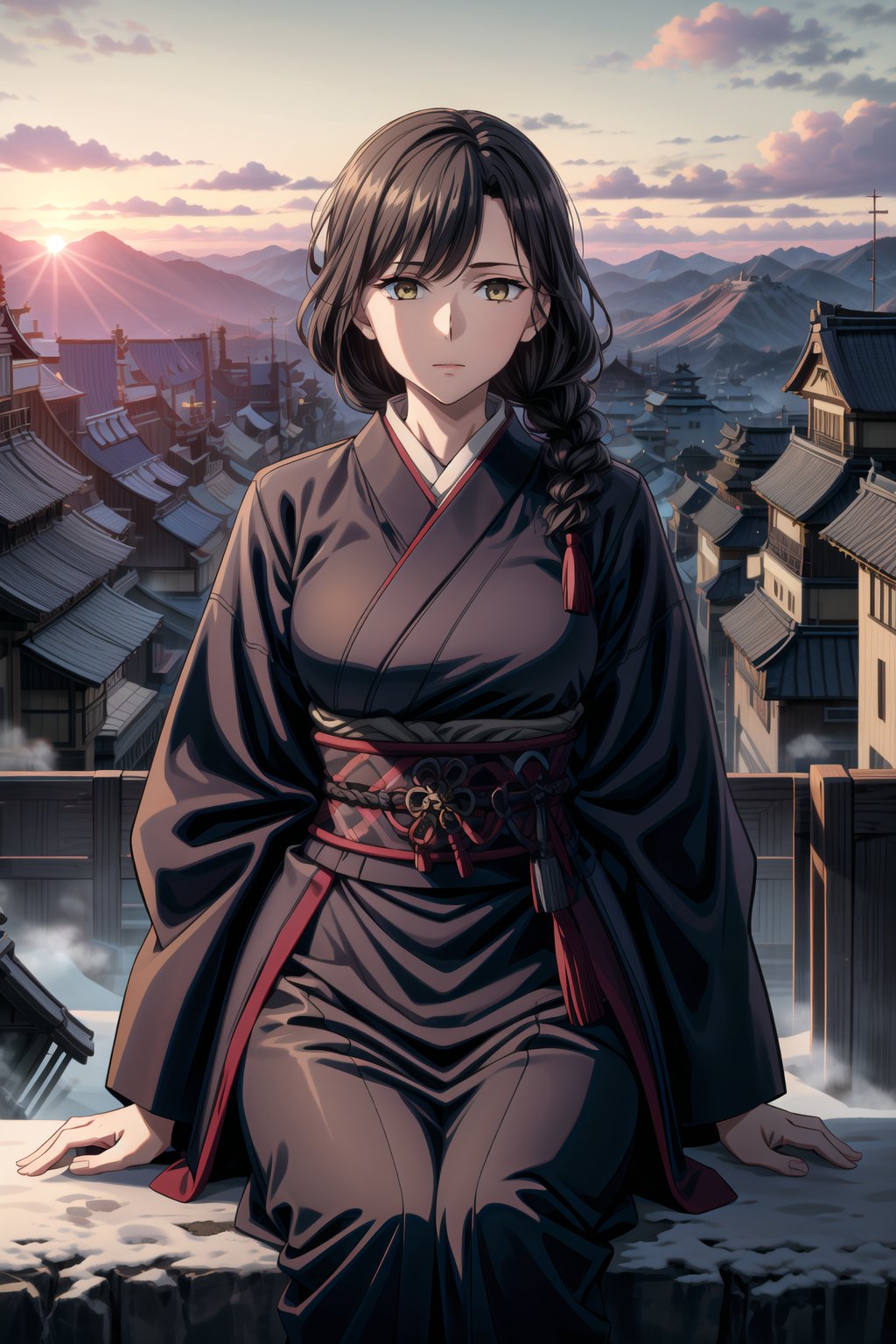 best quality, masterpiece, highres, solo,sole_female, 30 year old military female character, tall woman, soft features, detailed, perfect shadows, yellow eyes, braided long dark hair. she is wearing a dark blue kimono, Japanese armor with a snow flake badge on sleeve. scenery is on top of a mountain, small town behind, summer, warm, Japanese clan members behind her,aimom