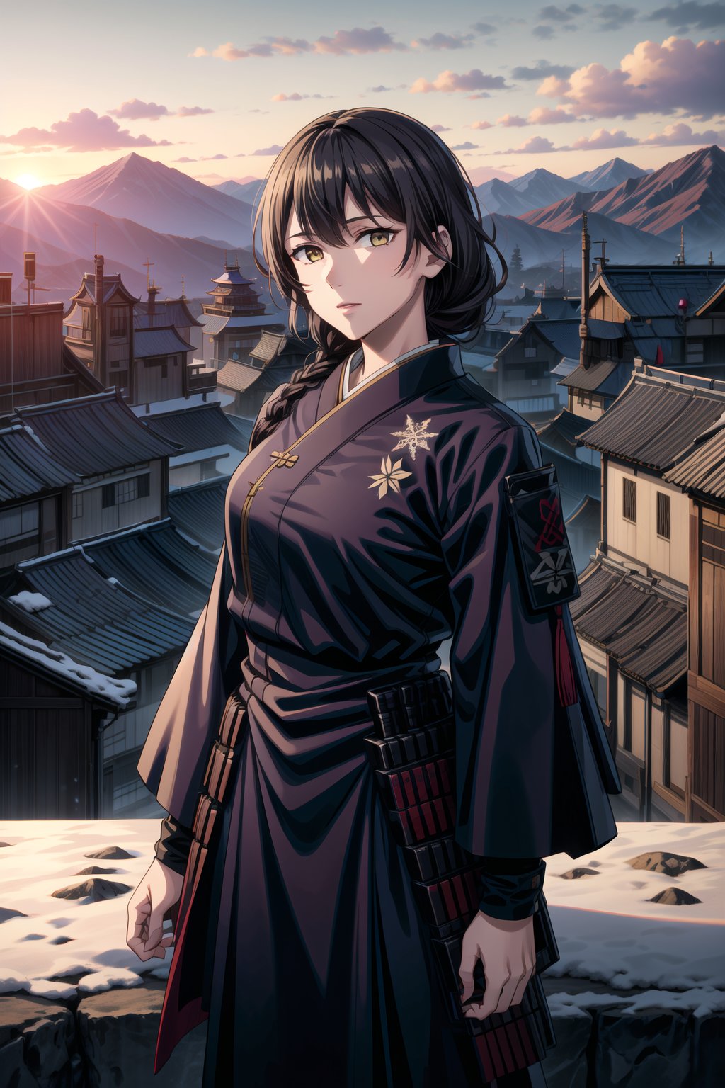 best quality, masterpiece, highres, solo,sole_female, 30 year old military female character, tall woman, soft features, detailed, perfect shadows, yellow eyes, braided long dark hair. she is wearing a dark blue outfit, Japanese armor with a snow flake badge on sleeve. scenery is on top of a mountain, small town behind, summer, warm, Japanese clan members behind her,cowboy_shot,aimom