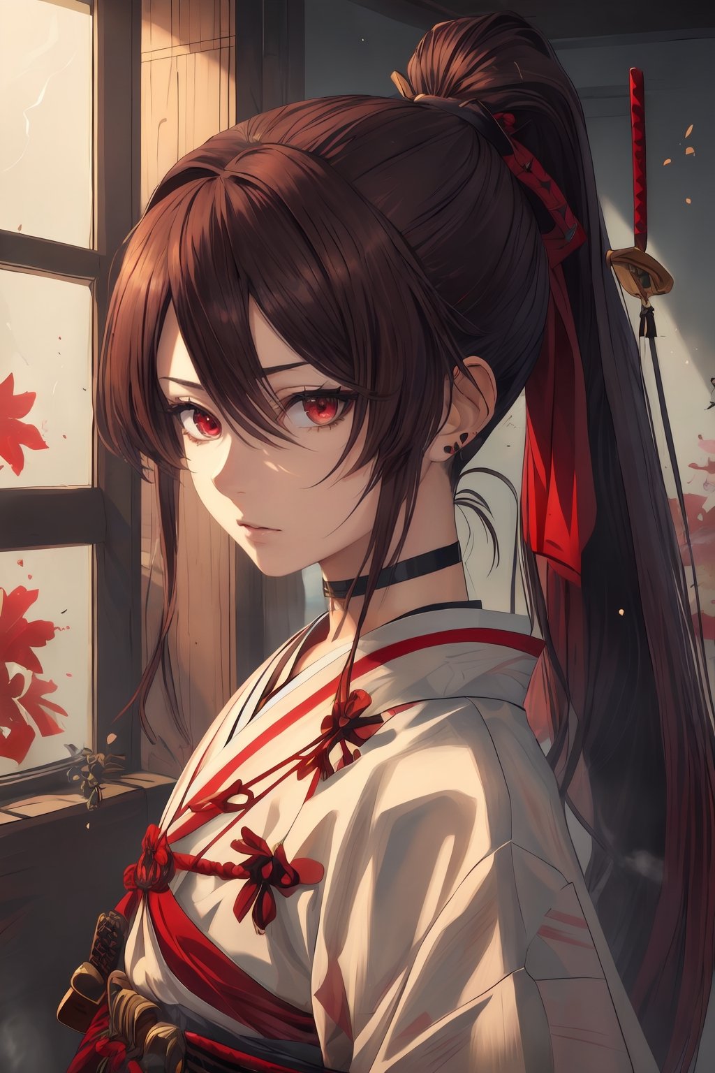 best quality, masterpiece, highres, solo, Yamada Asaemon Sagiri:1.15, brown_hair, long_hair, single hair bun, bangs, red_eyes, hair_between_eyes, sidelocks, jewelry, closed_mouth, ring, upper_body, ponytail,choker,samurai,yuigahama