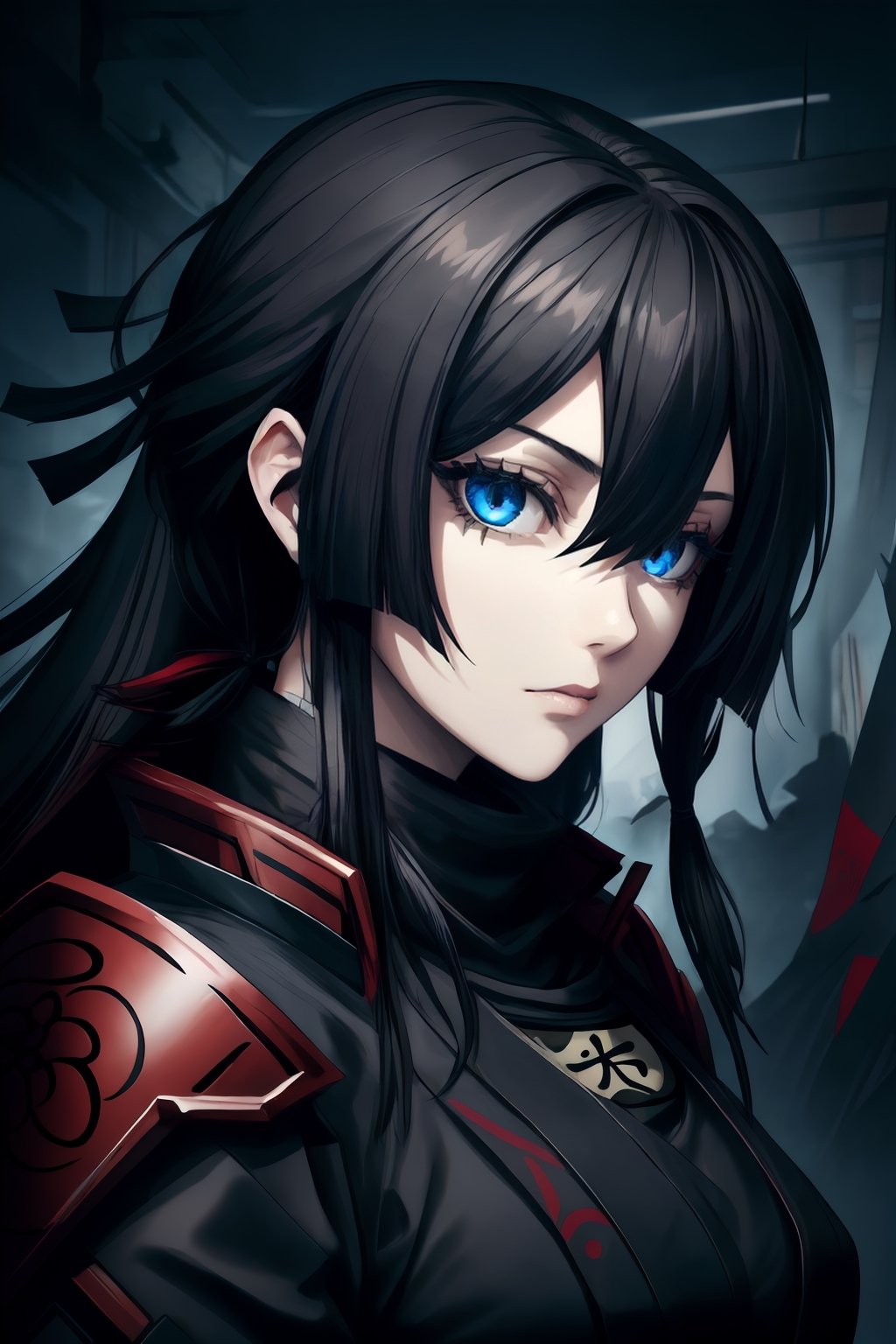 best quality, masterpiece, 1girl,older_female,highres, best quality, masterpiece, 1girl,highres,older_female,solo, blue_eyes,detailed blue eyes,scary gaze,sidelocks, closed_mouth, upper_body,hollow eyes,eyelashes, long black hair,hair_over_eye,hair over one eye,Shinobi,japanese armor,viewed_from_side,looking_at_viewer,looking to the side,yui,noir