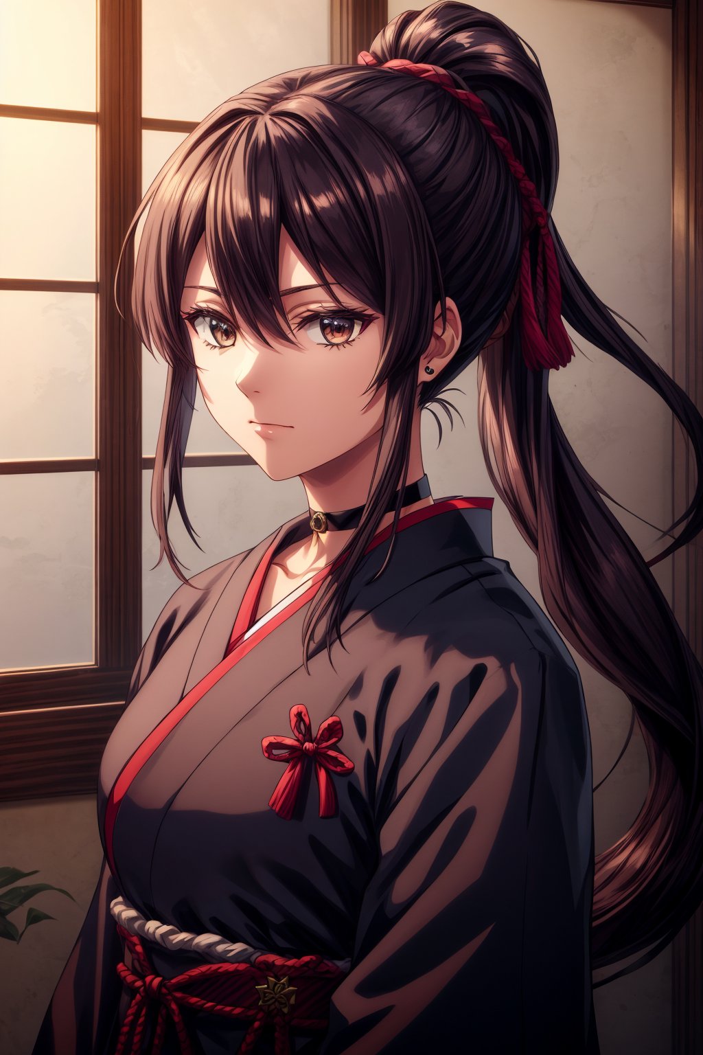 best quality, masterpiece, highres, solo, Yamada Asaemon Sagiri:1.15, 30 years old woman, brown_hair, long_hair, bangs, red_eyes, hair_between_eyes, sidelocks, jewelry, closed_mouth, ring, upper_body, ponytail,choker,samurai,sagiri