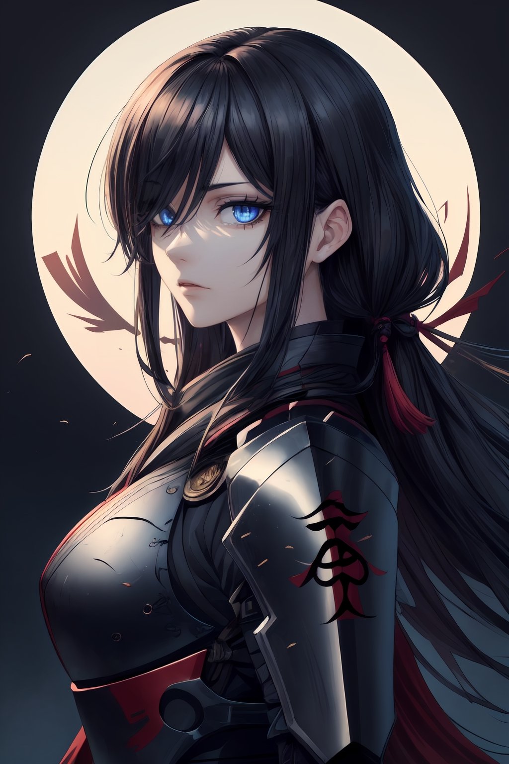 best quality, masterpiece, 1girl,older_female,highres, best quality, masterpiece, 1girl,highres,older_female,solo, blue_eyes,detailed blue eyes,scary gaze,sidelocks, closed_mouth, upper_body,hollow eyes,eyelashes, long black hair,hair_over_eye,hair over one eye,Shinobi,japanese armor,viewed_from_side,looking_at_viewer,looking to the side,yui,noir