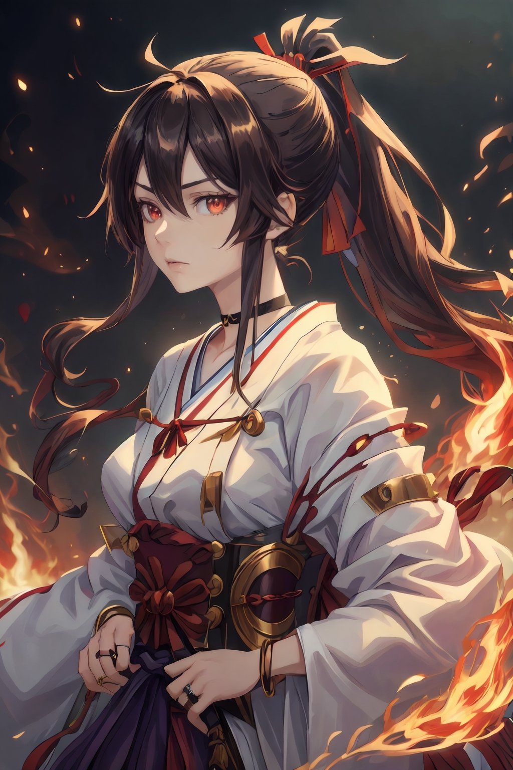 best quality, masterpiece, highres, solo, Yamada Asaemon Sagiri:1.15, brown_hair, long_hair, single hair bun, bangs, red_eyes, hair_between_eyes, sidelocks, jewelry, closed_mouth, ring, upper_body, ponytail,choker,samurai,firemagicAI,Samuraniji