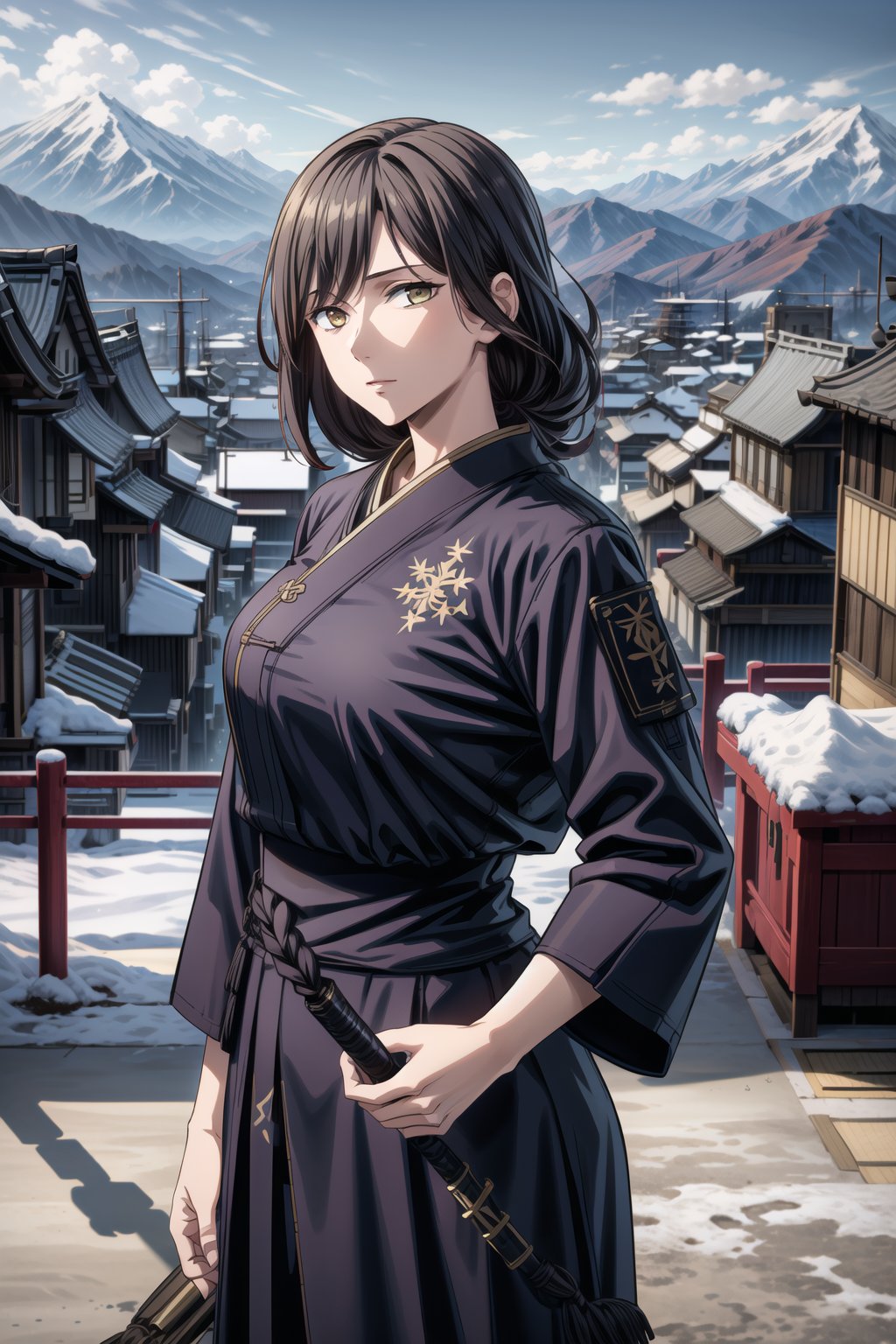 best quality, masterpiece, highres, solo,sole_female, 30 year old military female character, tall woman, soft features, detailed, perfect shadows, yellow eyes, braided long dark hair. she is wearing a dark blue outfit, Japanese armor with a snow flake badge on sleeve. scenery is on top of a mountain, small town behind, summer, warm, Japanese clan members behind her,cowboy_shot,aimom