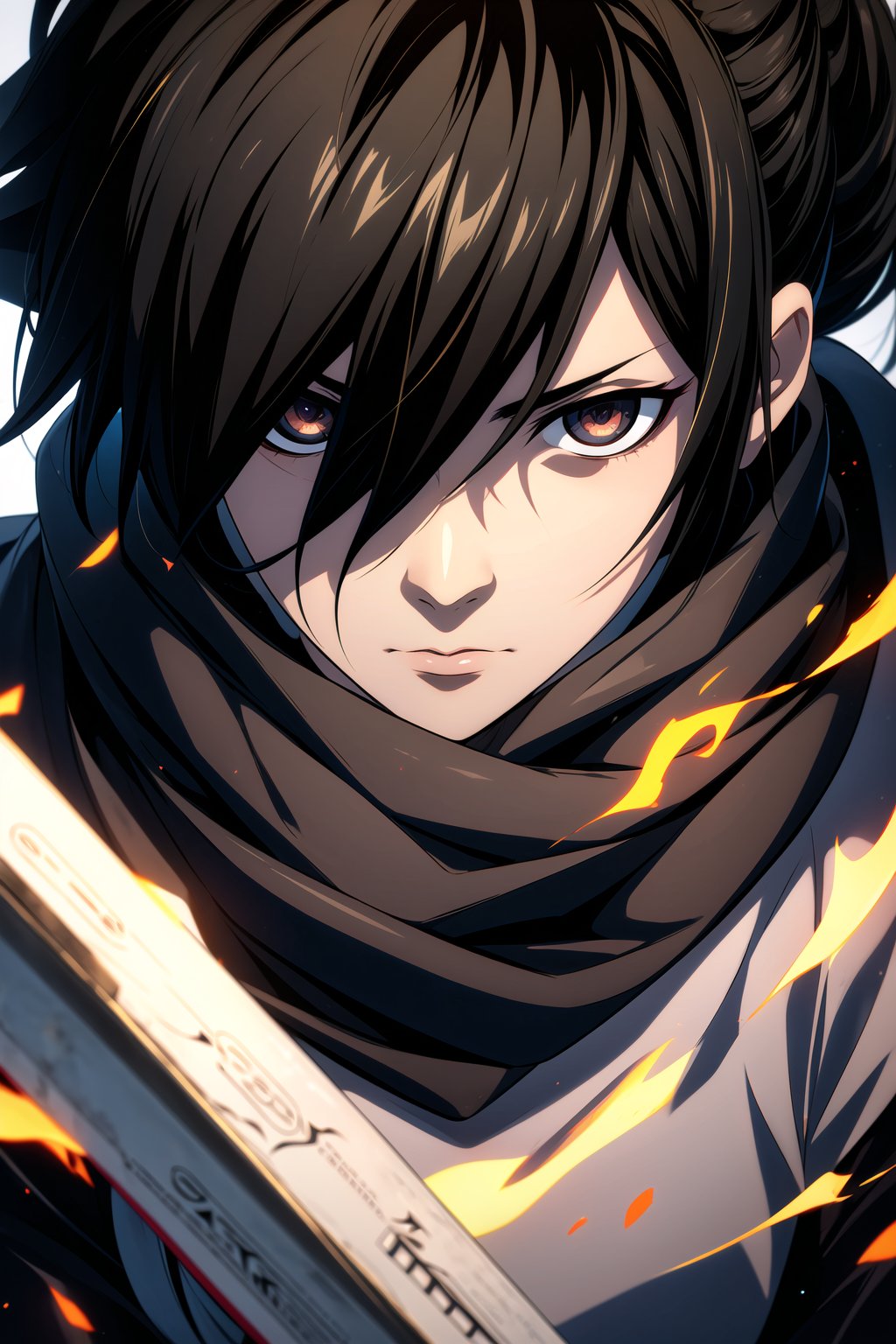best quality, masterpiece, highres, masterpiece,best quality,1male,strong,solo,alone,ronin,sengoku_era,short ponytail hair,black_hair,japanese armor,samurai,extremely detailed eyes,black eyes,expression eyes,hollow eyes,glowing eyes, pale_skin, black scarf,souma_kyou, detailed eyes, light_particles, dust_particles, flying ashes,raging flames, wind blowing, serious expression, hair_between_eyes, jewelry, closed_mouth, sharp focus, dramatic angle,portrait,looking_at_camera,(((close up face))), extreme close up shot, eyes shot, cinematic lighting, dramatic pose, dark background, face only,samurai,r1ge, beret,hyakkimaru_dororo, black hair