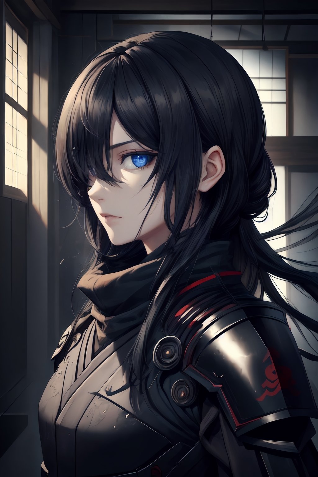 best quality, masterpiece, 1girl,older_female,highres, best quality, masterpiece, 1girl,highres,older_female,solo, blue_eyes,detailed blue eyes,scary gaze,sidelocks, closed_mouth, upper_body,hollow eyes, long black hair,hair_over_eye,hair over one eye,Shinobi,japanese armor,viewed_from_side,looking_at_viewer,looking to the side,izanamidef
