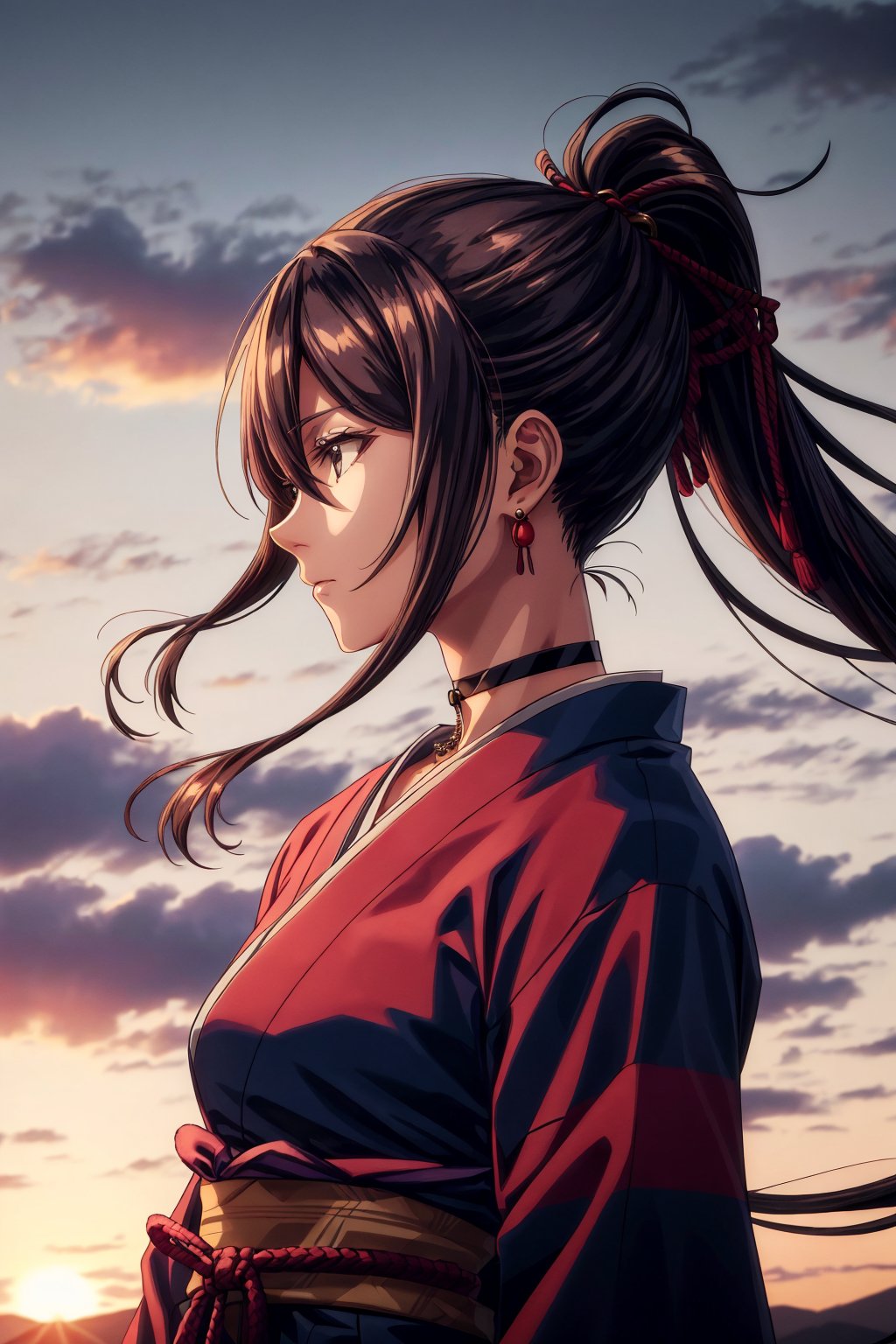 best quality, masterpiece, highres, solo, Yamada Asaemon Sagiri:1.15, 40 years old woman, brown_hair, long_hair, bangs, red_eyes, hair_between_eyes, long locks, jewelry, wind blowing, closed_mouth, ring, upper_body,ponytail,choker,samurai,sagiri