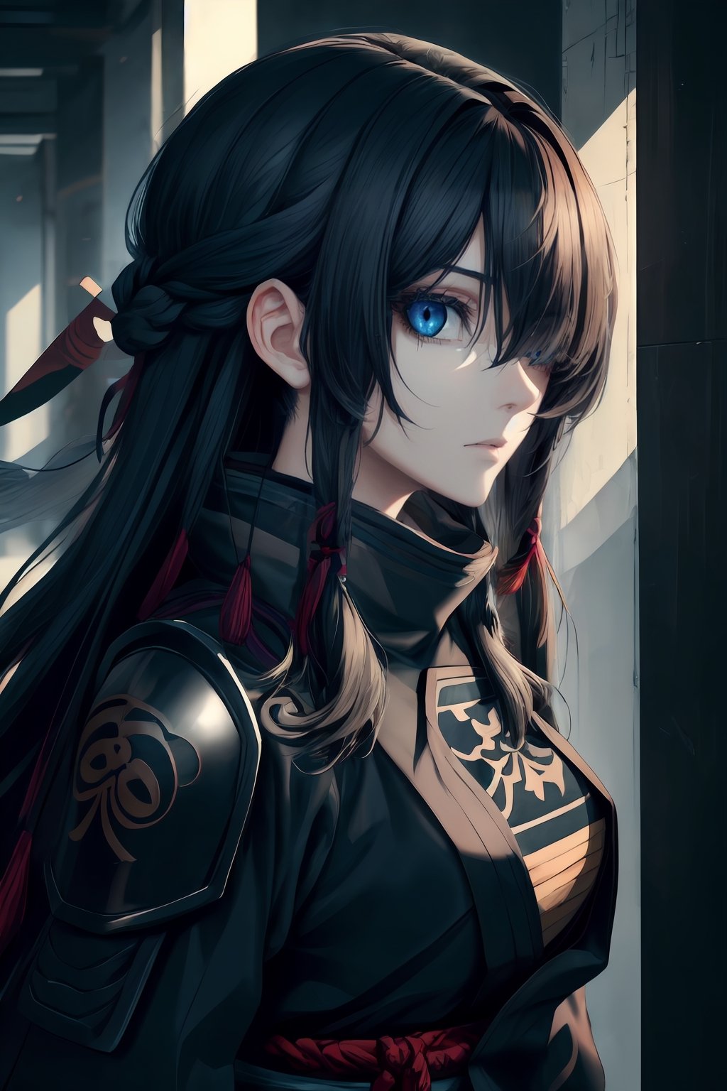 best quality, masterpiece, 1girl,older_female,highres, best quality, masterpiece, 1girl,highres,older_female,solo, blue_eyes,detailed blue eyes,scary gaze,sidelocks, closed_mouth, upper_body,hollow eyes,eyelashes,eyeshadow, long black hair,hair_over_eye,hair over one eye,Shinobi,japanese armor,viewed_from_side,looking_at_viewer,looking to the side,yui