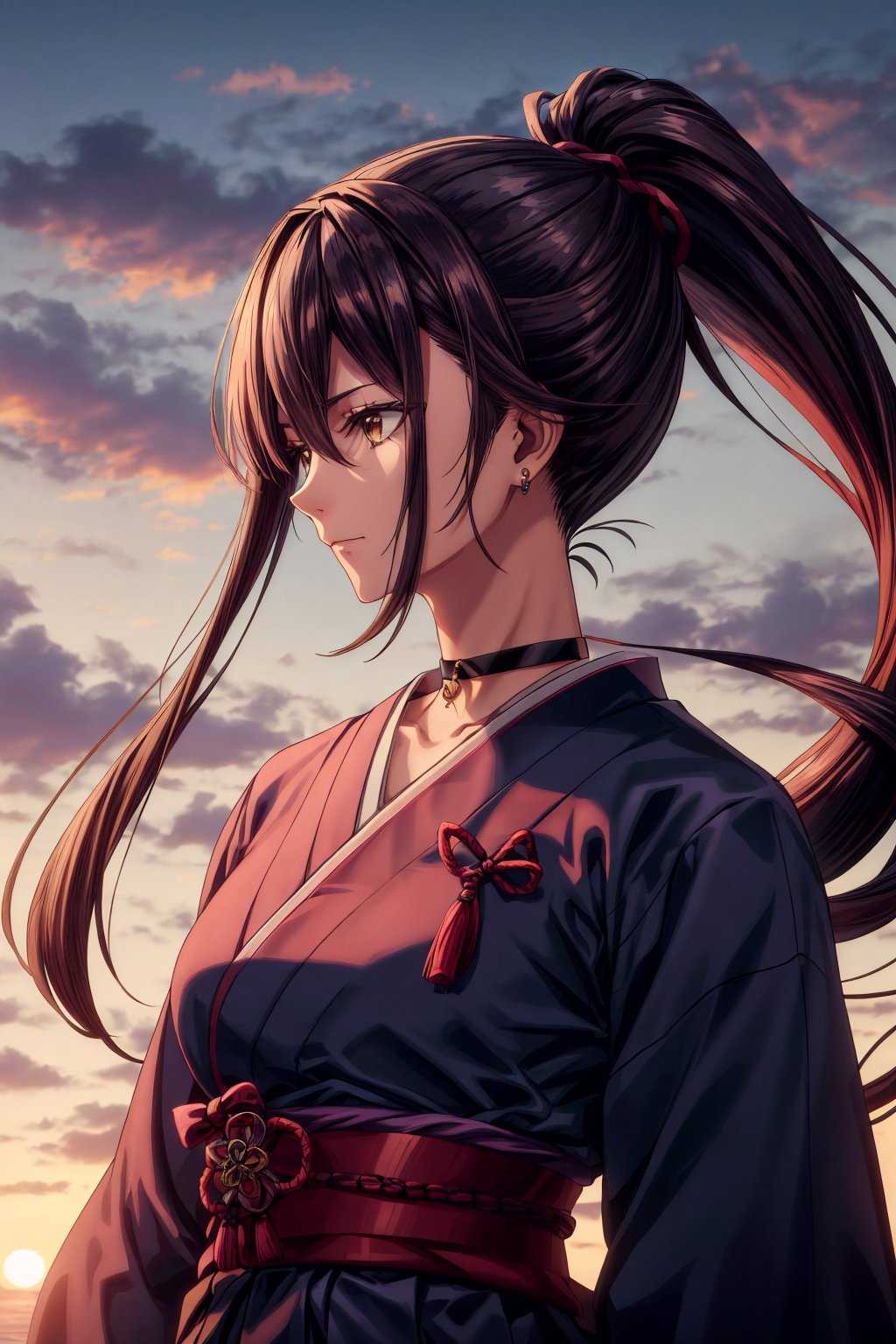 best quality, masterpiece, highres, solo, Yamada Asaemon Sagiri:1.15, 30 years old woman, brown_hair, long_hair, bangs, red_eyes, hair_between_eyes, sidelocks, jewelry, wind blowing, closed_mouth, ring, upper_body,ponytail,choker,samurai,sagiri