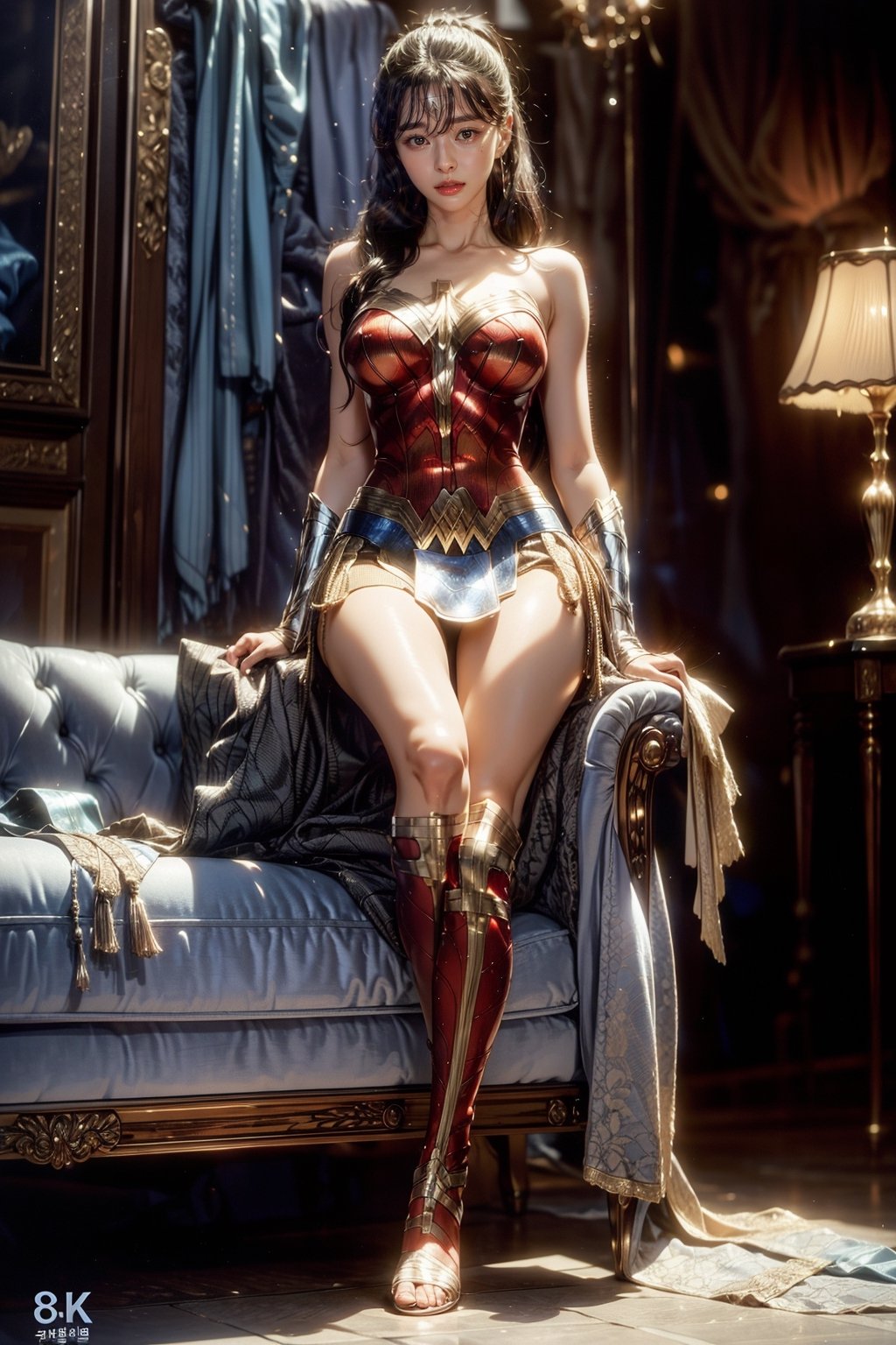 Korean wonder_woman sitting on luxury mansion couch, detailed exquisite face, detailed (brown eyes):1.2, eyeliners, smile, glossy lips, high ponytail, long black straight hair, natural huge breasts, hourglass figure, crossed_legs, earrings, necklasces, (very sexy) pose, glossy skin, (full body), (masterpiece, best quality, ultra-detailed, 8K):1.1, (realistic:1.2), (intricate:1.3), cinematic lighting, yuzu, kwon-nara