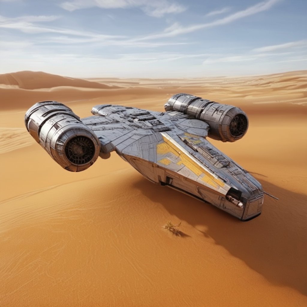 A starship razor crest \(star wars\) landed on desert,top mounted wings,jet engine on wing tip,blunt head,canopy on head top,cannons on both head side

desert,sand,sky,cloud,

realistic,detailed,sharp focus,high contrast, ek_raz0r_cre5t,ek_rcfr0nt_right