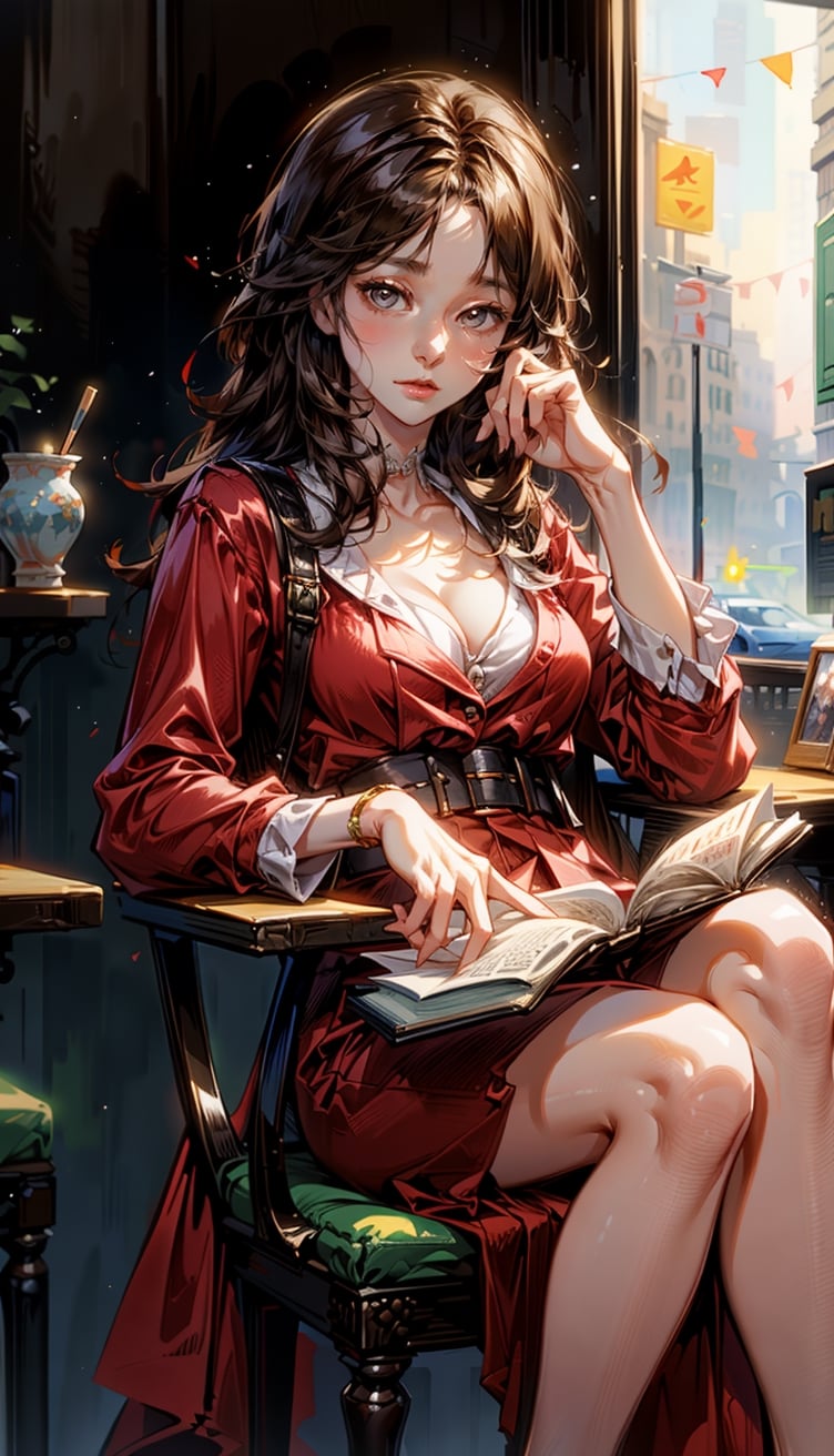 beautiful girl reading a book at a cafe,red clothes,watercolor,drawing by catherine kehoe,color by jenny saville,style affected by liu xiaodong,1 girl,kwon-nara