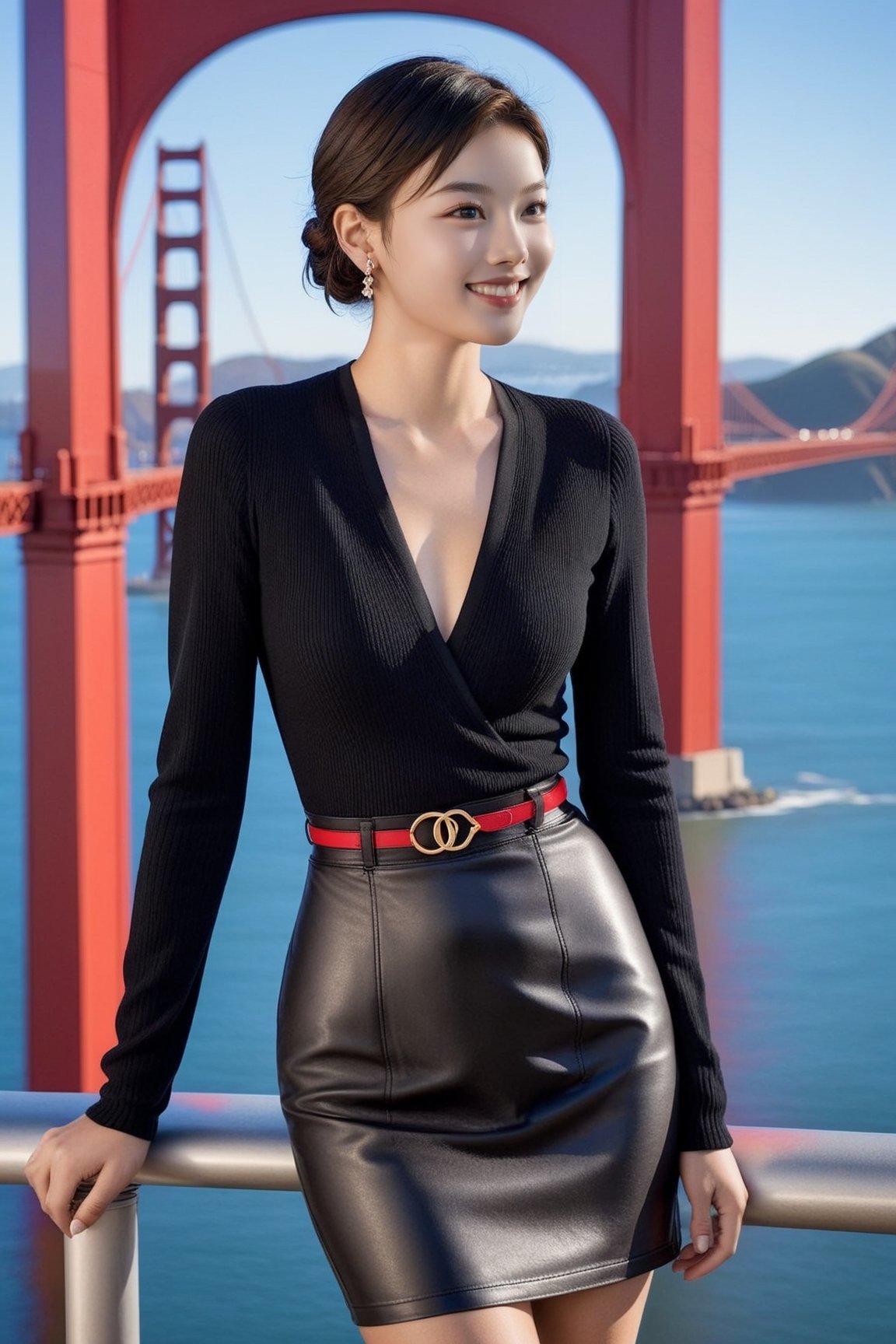 Hyper-Realistic photo of a girl,20yo,1girl,perfect female form,perfect body proportion,perfect anatomy,detailed exquisite face,soft shiny skin,smile,mesmerizing,short hair,small earrings,necklaces,elegant jacket,red color,louis vuitton
BREAK
backdrop of a beautiful golden gate bridge in San Francisco,ocean,(fullbody:1.3),(distant view:1.2),(heels:1.3),(model pose)
BREAK
(rule of thirds:1.3),perfect composition,studio photo,trending on artstation,(Masterpiece,Best quality,32k,UHD:1.5),(sharp focus,high contrast,HDR,hyper-detailed,intricate details,ultra-realistic,award-winning photo,ultra-clear,kodachrome 800:1.3),(chiaroscuro lighting,soft rim lighting:1.2),by Karol Bak,Antonio Lopez,Gustav Klimt and Hayao Miyazaki,photo_b00ster,real_booster,ani_booster,kim youjung