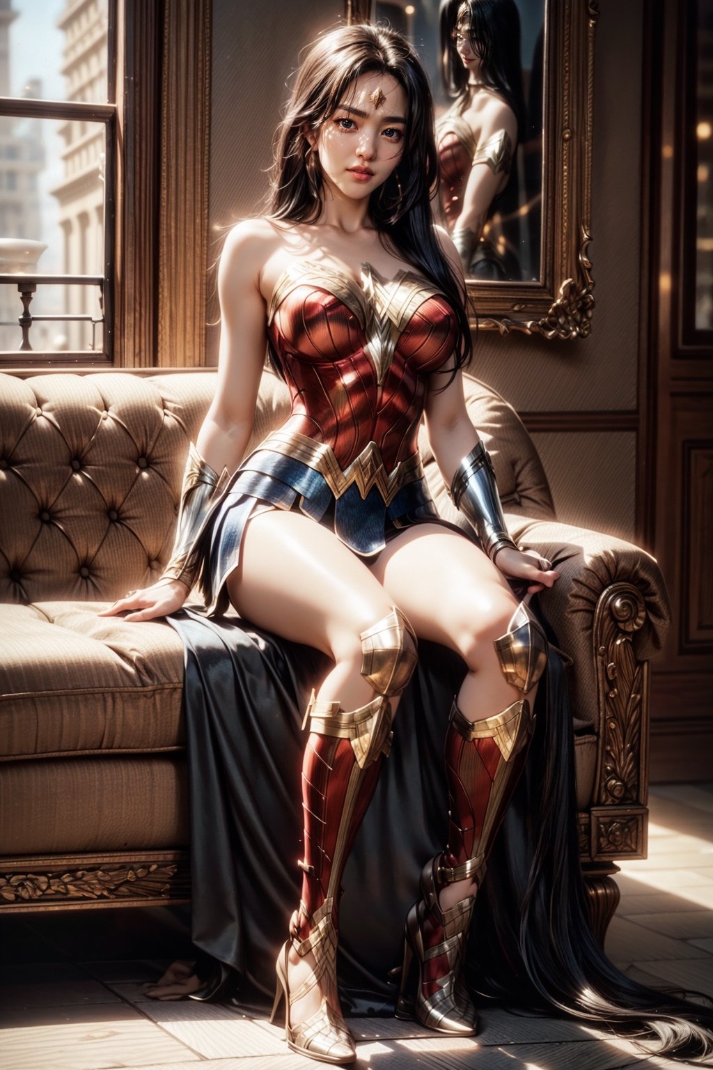 Korean wonder_woman sitting on luxury mansion couch, (brown eyes):1.3, charming smile, happy face, glossy lips, high ponytail, long black straight hair, natural huge breasts, hourglass figure, earrings, necklasces, (very sexy) pose, glossy skin, full body, (masterpiece, best quality, ultra-detailed, 8K):1.1, (realistic:1.2), (intricate:1.2), cinematic lighting, yuzu, kimtaeri