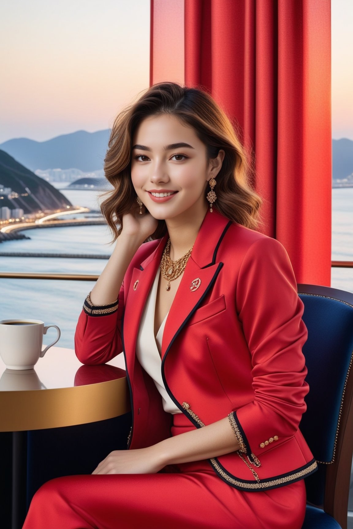 Hyper-Realistic photo of a french girl sitting in a hotel room chair,20yo,1girl,perfect female form,perfect body proportion,perfect anatomy,red color,elegant jacket ,detailed exquisite face,soft shiny skin,smile,mesmerizing,disheveled hair,small earrings,necklaces,chanel bag,cluttered maximalism
BREAK
(backdrop of a beautiful night scene of Gwang Ahn Dae Gyo bridge in Busan,Korea,ocean,bridge,table, window,curtain,coffee mug),(fullbody:1.2)
BREAK
(rule of thirds:1.3),perfect composition,studio photo,trending on artstation,(Masterpiece,Best quality,32k,UHD:1.4),(sharp focus,high contrast,HDR,hyper-detailed,intricate details,ultra-realistic,award-winning photo,ultra-clear,kodachrome vintage:1.25),(chiaroscuro lighting,soft rim lighting:1.15),by Karol Bak,Antonio Lopez,Gustav Klimt and Hayao Miyazaki,photo_b00ster,real_booster,art_booster