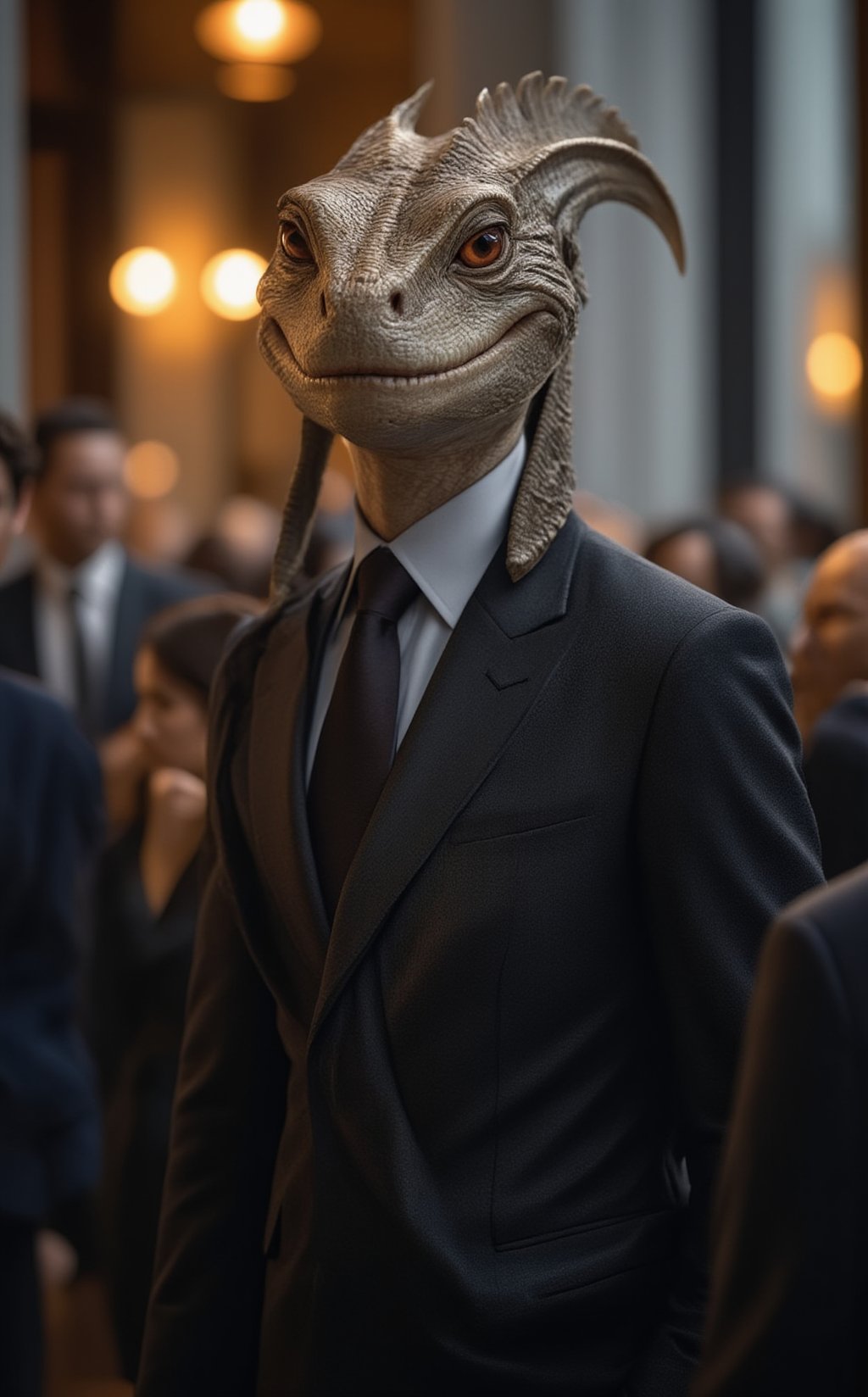 A sleek and imposing reptilian figure, dressed in a sharp suit, stands confidently in front of a crowd. The reptilian's true face is hidden behind a smiling human mask, projecting an air of charm and authority. While the onlookers are captivated by the charismatic façade, subtle hints of its true nature peek through—the gleam of scales and cold, calculating eyes just visible at the edges of the mask. This scene captures the eerie contrast between the reptilian overlord's deceptive appearance and its sinister intent, embodying the hidden control exerted over humanity.
BREAK
realistic,detailed,sharp focus,high contrast,rule of thirds,depth of perspective,award-winning photo,chiaroscuro lighting
BREAK
ek_g1rl_02,ek_art_b00ster,beauy_ks01, ek_ph0t0_b00ster