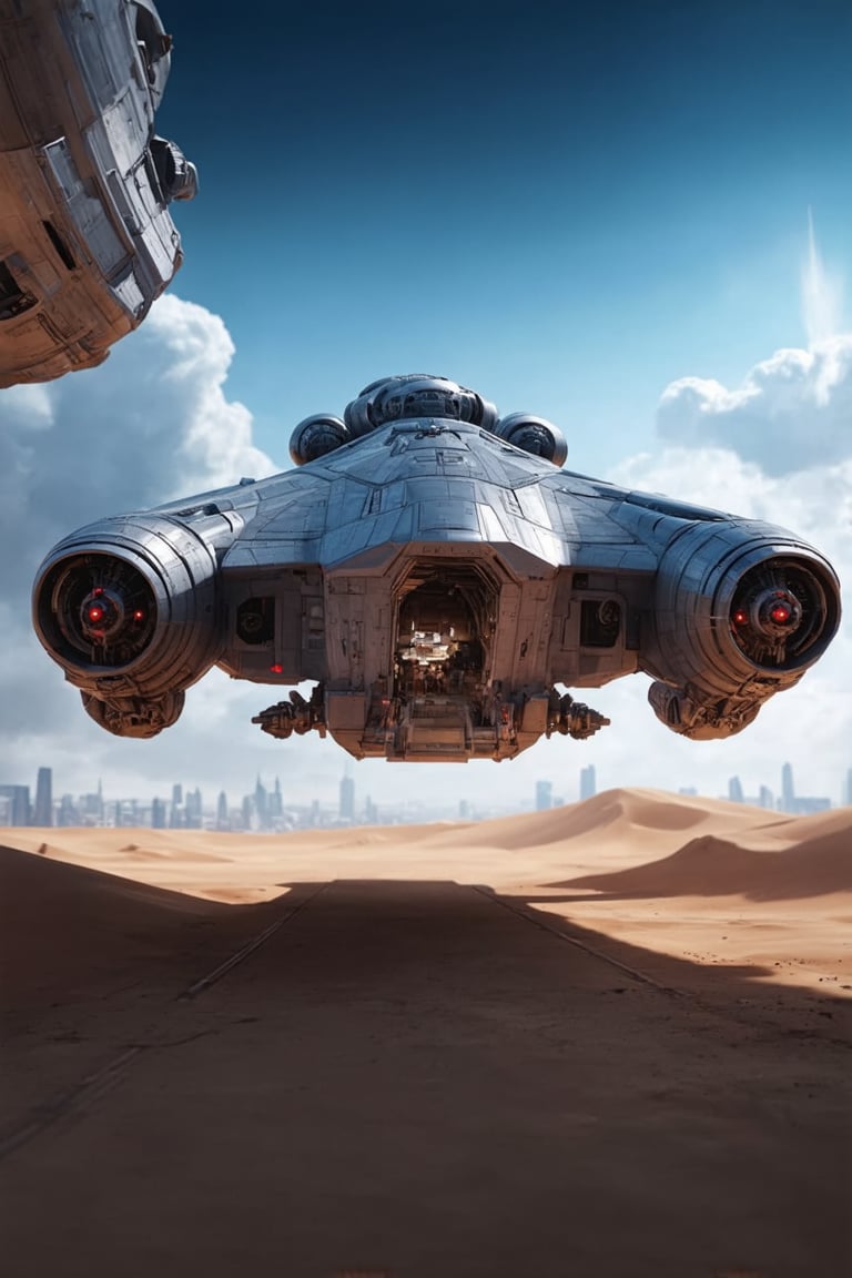 ((Ultra-realistic)) photo of a starship,parked on a desert,landing bridge on ground,front side view,entrance door open,door starcase open,jet engines on wings,blunt head,cannons on head side,canopy on head top,red lights on head bottom,
BREAK
(backdrop of Detailed Realistic futuristic city view,sky,cloud,cluttered maximalism:1.2)depth of perspective,starship focus,(wide shot),dark:1.2 
BREAK 
sharp focus,high contrast,detailed,realistic,studio photo,trending on artstation,rule of thirds,perfect composition,cinematic lighting,ek_raz0r_cre5t