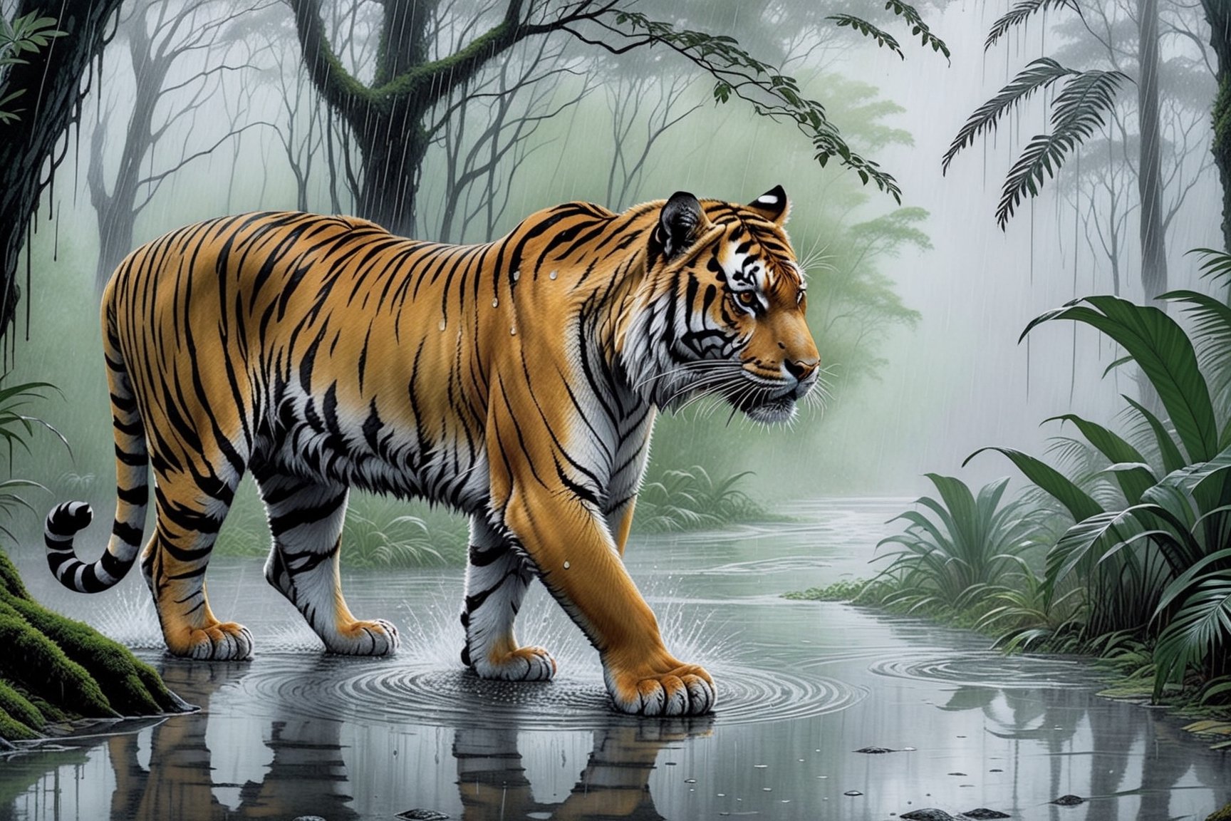 (Hyper realistic photo of a tiger) in rainy forest,fog,rain drops,puddles,cluttered maximalism,green and grey color
BREAK
(rule of thirds:1.3),perfect composition,studio photo,trending on artstation,(Masterpiece,Best quality,32k,UHD:1.4),(sharp focus,high contrast,HDR,hyper-detailed,intricate details,ultra-realistic,award-winning photo,ultra-clear,kodachrome 800:1.25),(chiaroscuro lighting,soft rim lighting:1.15),by Karol Bak,Antonio Lopez,Gustav Klimt and Hayao Miyazaki,photo_b00ster,real_booster,art_booster,ani_booster,ink 