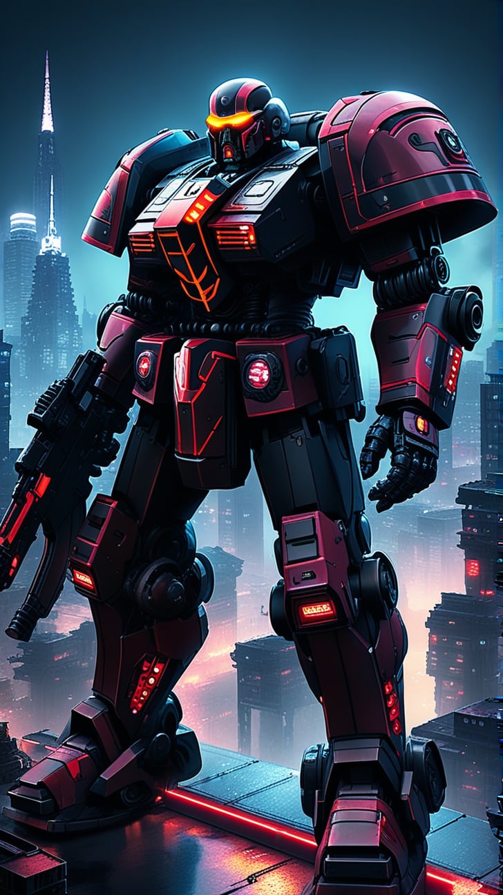 a giant robot \(ek_ct4k\),holding rifle,warhammer 4K style,ek_game_3ffect,dynamic pose,simple background,blurry futuristic city background,smoke,dynamic angle,anime style by ghibli,detailed,ek_ph0t0_b00ster,ek_an1_b00ster,at night,dark