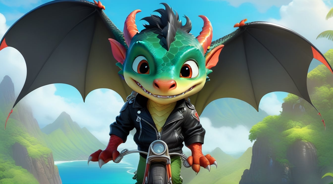 Cartoon: a cute dragon boy,flying in a hang glider,black biker jacket,Hawaii  backdrop,cinematic lighting,rule of thirds,depth of perspective,trending on artstation,(fullbody wide sideshot:1.3),animation style,dragon_h,art_booster,real_booster