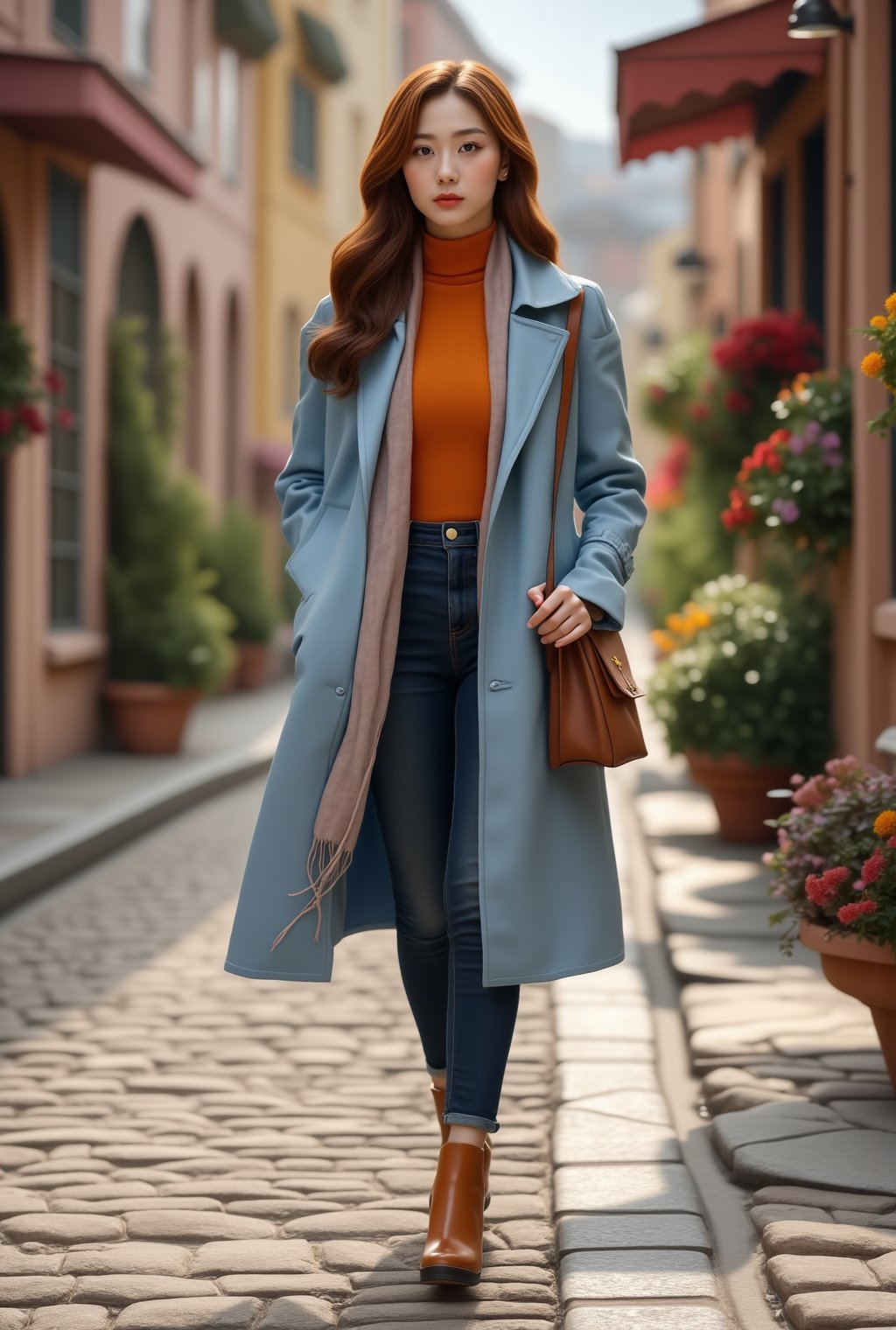 A stunning 20-year-old Korean girl with a chic, contemporary style, strolling along a cobblestone street in a quaint European village. Her auburn hair is styled in loose waves that cascade over her shoulders, highlighting her warm brown eyes and soft, radiant complexion.
She wears a fitted, baby blue trench coat cinched at the waist, over a orange-colored turtleneck sweater, paired with ankle-length, dark denim jeans that flatter her figure. On her feet, she wears classic, tan leather ankle boots, and a delicate scarf in shades of blush pink and gray drapes around her neck. A vintage-inspired leather satchel hangs from her shoulder, adding a touch of rustic charm. Her expression is thoughtful yet serene, capturing a moment of quiet elegance as she enjoys a leisurely walk, surrounded by charming old-world architecture and flower-filled window boxes. realistic,detailed,sharp focus,high contrast,trending on artstation,rule of thirds,depth of perspective,chiaroscuro lighting.ek_ph0t0_b00ster,jisosmile