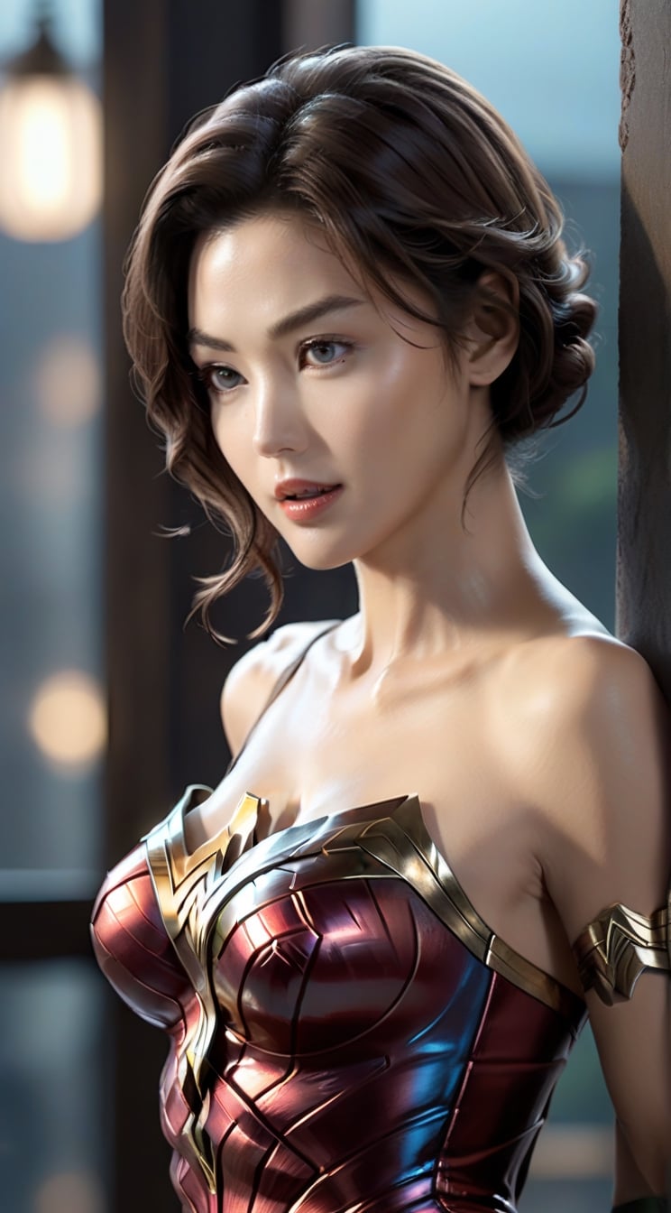 A sophisticated woman,detailed exquisite symmetric face,soft shiny skin,detailed eyes,sharp nose,short hair,hourglass figure,perfect female form,slim and tall model body,bokeh,mesmerizing and alluring,looking at viewer,siena natural ratio,by sakimichan and yoji shinkawa and serafleur,(head to thigh sideview:1.3), more detail XL,wonder-woman-xl,jeon_jihyun,more detail XL,Leonardo Style