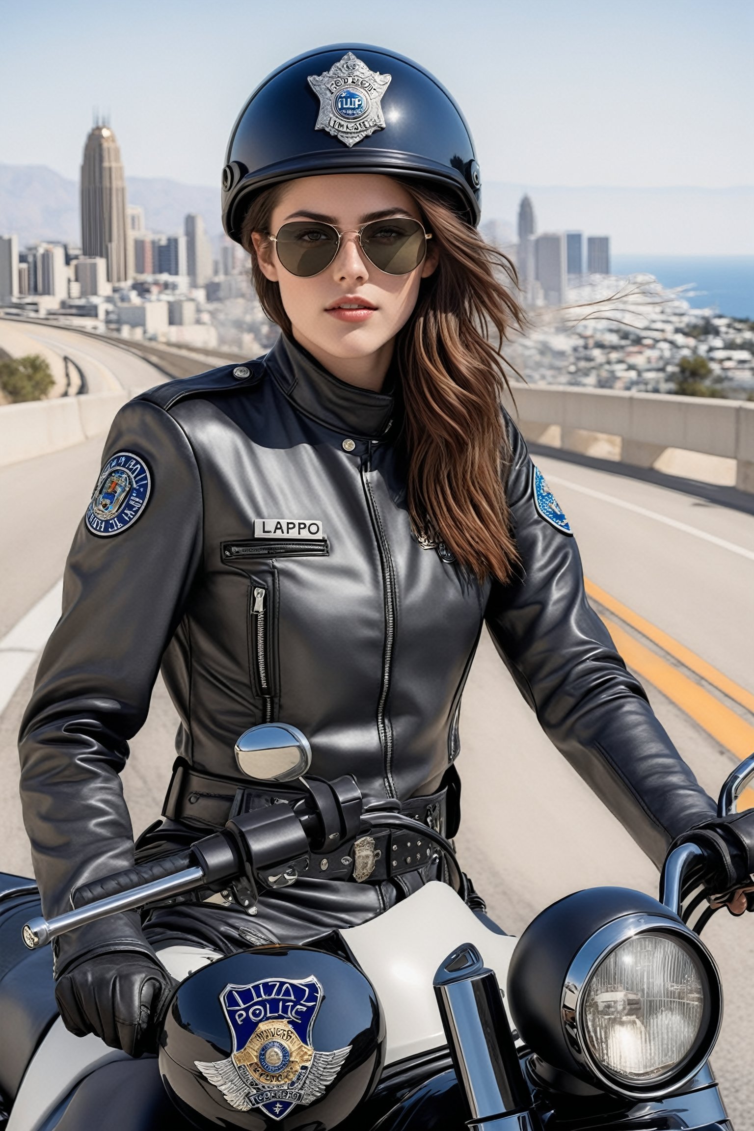 Hyper-Realistic photo of a beautiful LAPD police officer riding a police highway patrol motorcycle,20yo,1girl,solo,detailed exquisite face,soft shiny skin,lips,smile,looking at viewer,Kristen Stewart lookalike,LAPD police highway patrol uniform,helmet,sunglasses,fullbody:1.3 
BREAK backdrop:highway,bridge,city view,sky,[cluttered maximalism]
BREAK
settings: (rule of thirds1.3),perfect composition,studio photo,trending on artstation,depth of perspective,(Masterpiece,Best quality,32k,UHD:1.4),(sharp focus,high contrast,HDR,hyper-detailed,intricate details,ultra-realistic,kodachrome 800:1.3),(cinematic lighting:1.3),(by Karol Bak$,Alessandro Pautasso$,Gustav Klimt$ and Hayao Miyazaki$:1.3),art_booster,photo_b00ster, real_booster