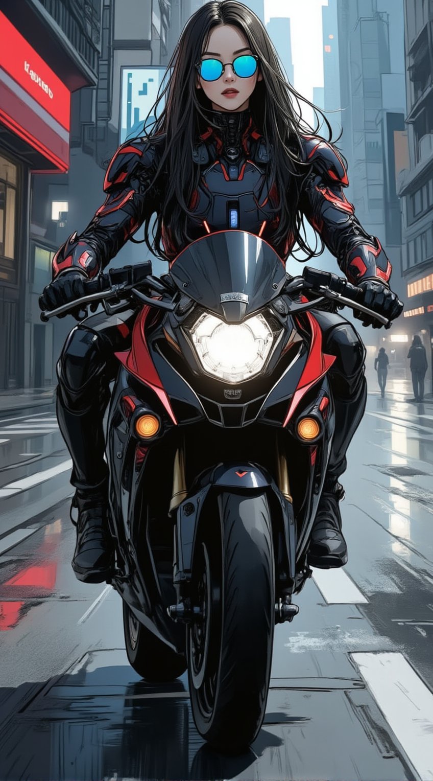 a cyborg girl in mecha armor. Black and red colored armor. neon light lines glowing, exquisite face, soft shiny skin, longhair blowing, sunglasses. riding a motor cycle, kawasaki ninja h2 carbon at high speed,city street backdrop,puddles,focused expression,dark
BREAK
realistic,detailed,sharp focus,high contrast,rule of thirds,depth of perspective,award-winning photo,chiaroscuro lighting,ek_g1rl_02,acryli painting,ink style