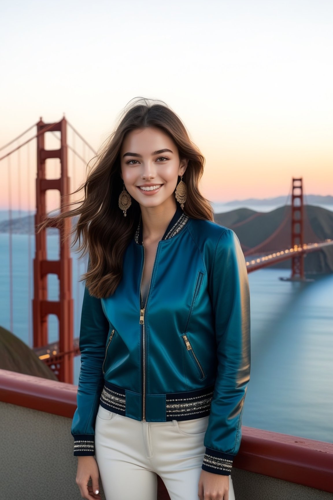 Hyper-Realistic photo of a french girl,20yo,1girl,perfect female form,perfect body proportion,perfect anatomy,aqua color,elegant jacket,detailed exquisite face,soft shiny skin,smile,mesmerizing,long hair,small earrings,necklaces,prada bag
BREAK
(backdrop of vista point of Golden Gate Bridge in San Francisco,sunset),(fullbody:1.2)
BREAK
(rule of thirds:1.3),perfect composition,studio photo,trending on artstation,(Masterpiece,Best quality,32k,UHD:1.5),(sharp focus,high contrast,HDR,hyper-detailed,intricate details,ultra-realistic,award-winning photo,ultra-clear,kodachrome vintage:1.3),(chiaroscuro lighting,soft rim lighting:1.2),by Karol Bak,Gustav Klimt and Hayao Miyazaki,real_booster, photo_b00ster,ani_booster,art_booster