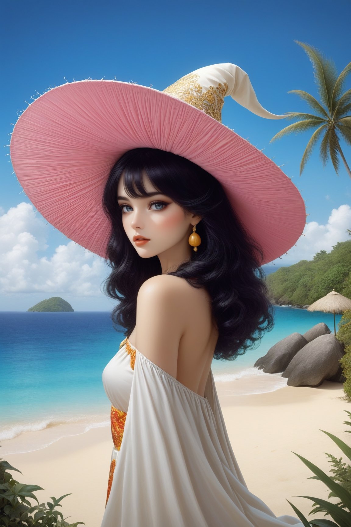 ((Ultra-Detailed)) Photography of a sophisticated witch \(sp.ed.ogInky1\) standing in the tropical island beach,1girl,wearing sm1c-witchhat,detailed exquisite face,detailed eyes,detailed soft shiny skin,glossy lips,playful smirks,detailed blonde hair,detailed coral-blue hat,pink and white dress,jewelry,small earrings
BREAK
[backdrop;highly detailed magnificent view of tropical island beach,palm trees,vibrant colors],(head to thigh shot)
BREAK
rule of thirds,studio photo,perfect composition,(masterpiece,HDR,trending on artstation,8K,Hyper-detailed,intricate details,hyper realistic,high contrast,Kodachrome 800:1.3),chiaroscuro lighting,soft rim lighting,key light reflecting in the eyes,by Karol Bak,Antonio Lopez,Gustav Klimt and Hayao Miyazaki,art_booster,real_booster,photo_b00ster, Decora_SWstyle,a1sw-InkyCapWitch,ani_booster,more detail XL