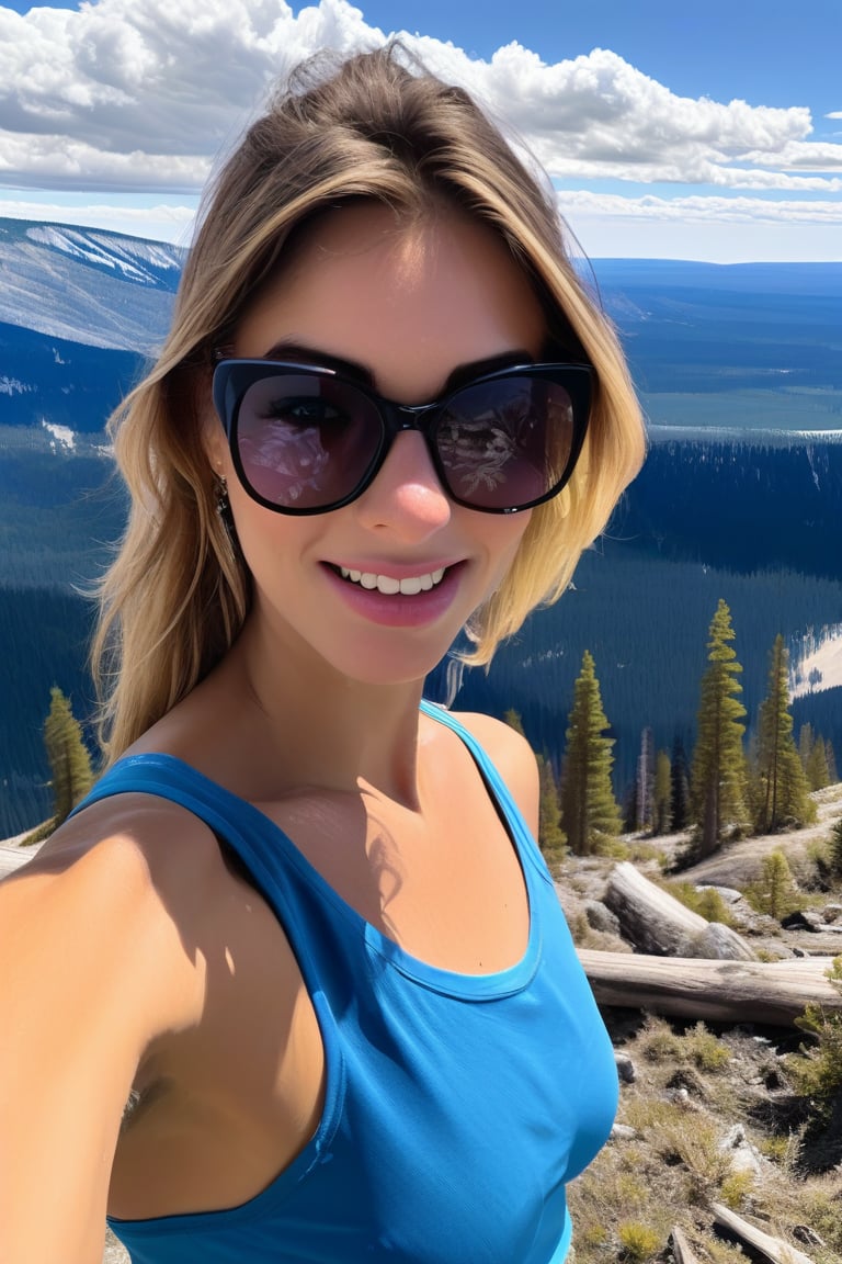 realistic photo of a beautiful American girl standing in mount washburn summit of Yellowstone,20yo,sunglasses,detailed face,model body,looking at viewer,playful smirks,detailed hair blowing,vibrant colors,elegant urban fashion,upper body focus
BREAK
backdrop:detailed photo of washburn mount summit \(wash9urn\) in Yellowstone,trail,grass,mountain,sky,cloud,deer
 BREAK 
rule of thirds,studio photo,detailed,realistic,cinematic lighting,Ye11owst0ne,,wash9urn