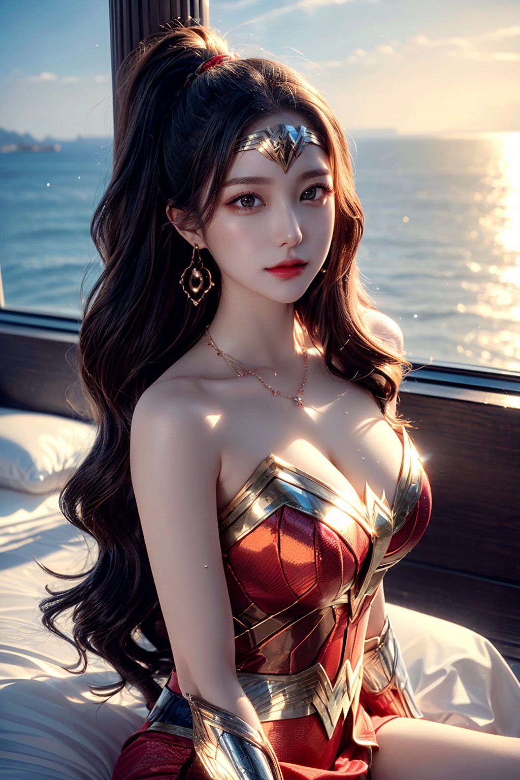 Wonder woman lying on luxury hotel bed, Korean girl, 1girl, (wonder woman costume), slim waist and big hips, 20yo, high ponytail, big sparkling earrings, beautiful necklace, looking at viewer, dripping water on body, wet hair, ocean view hotel, full body, seducing eyes, view from above, wide shot, 

masterpiece, best quality, realistic, ultra highres, depth of field, (detailed face:1.5), (detailed eyes:1.5), detailed background, (masterpiece:1.2), (ultra detailed), (best quality), intricate, cinematic lighting, 8K raw photo, glamour magazine