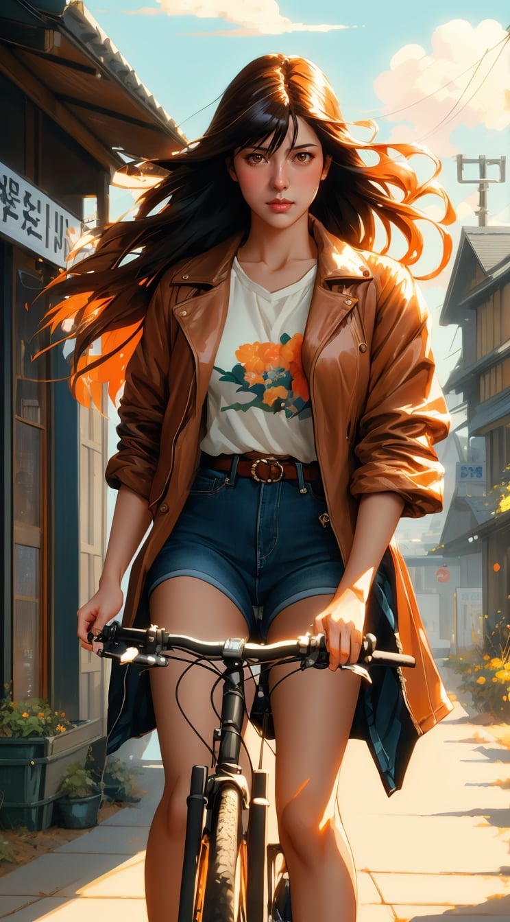 girl in long hair orange eye riding, rx 100 bike,, acrylic painting, trending on pixiv fanbox, palette knife and brush strokes, style of makoto shinkai jamie wyeth james gilleard edward hopper greg rutkowski studio ghibli genshin impact