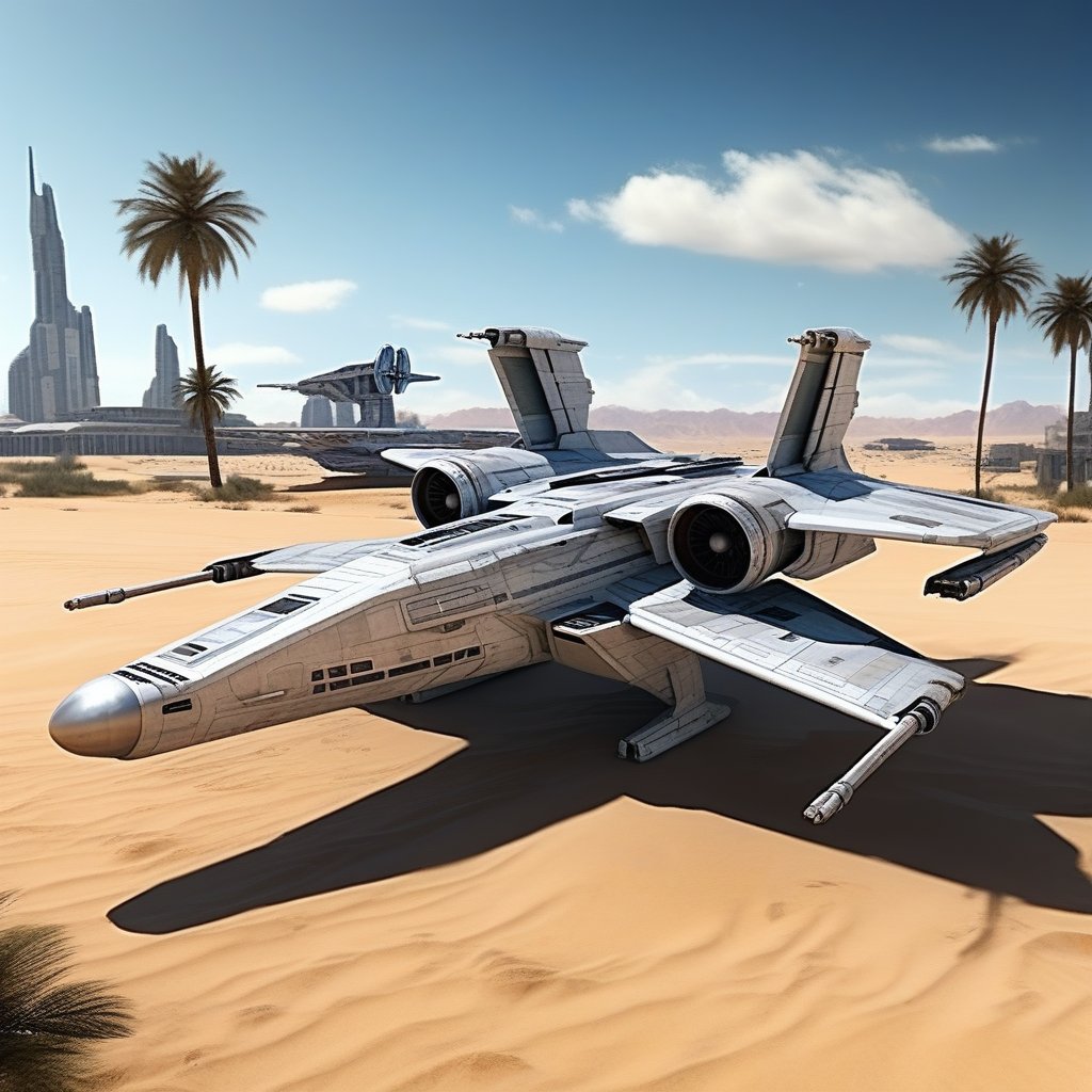 A realistic photo of starship x-wing starfighter in Star Wars universe,parked on ground with stands on desert,wings folded,laser cannons at each wing tip,engines located at wing root,desert,sand,palm tree,,sky,cloud,cityscrapes,front left view,R2 D2 walking around next to the ship,
ek_starsh1p,ek_xw1ng,ek_xwf1