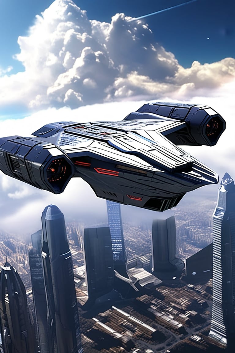 A starship razor crest \(star wars\) flying over a city,sky,cloud,futuristic city skyscrapers,realistic,detailed,ek_raz0r_cre5t,ek_rcfr0nt_left